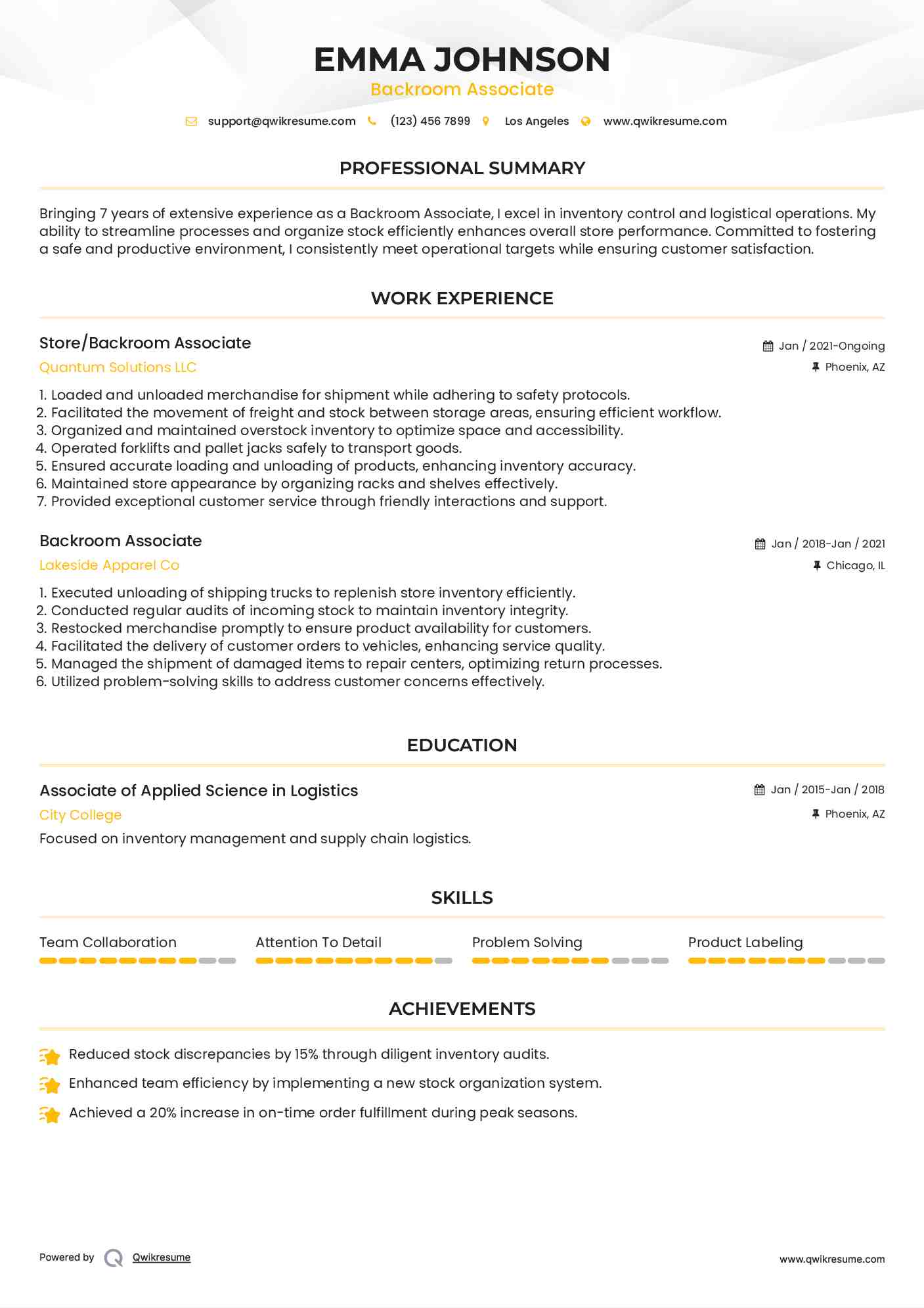 Store/Backroom Associate Resume Example