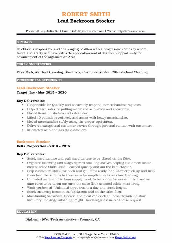 Backroom Stocker Resume Samples QwikResume