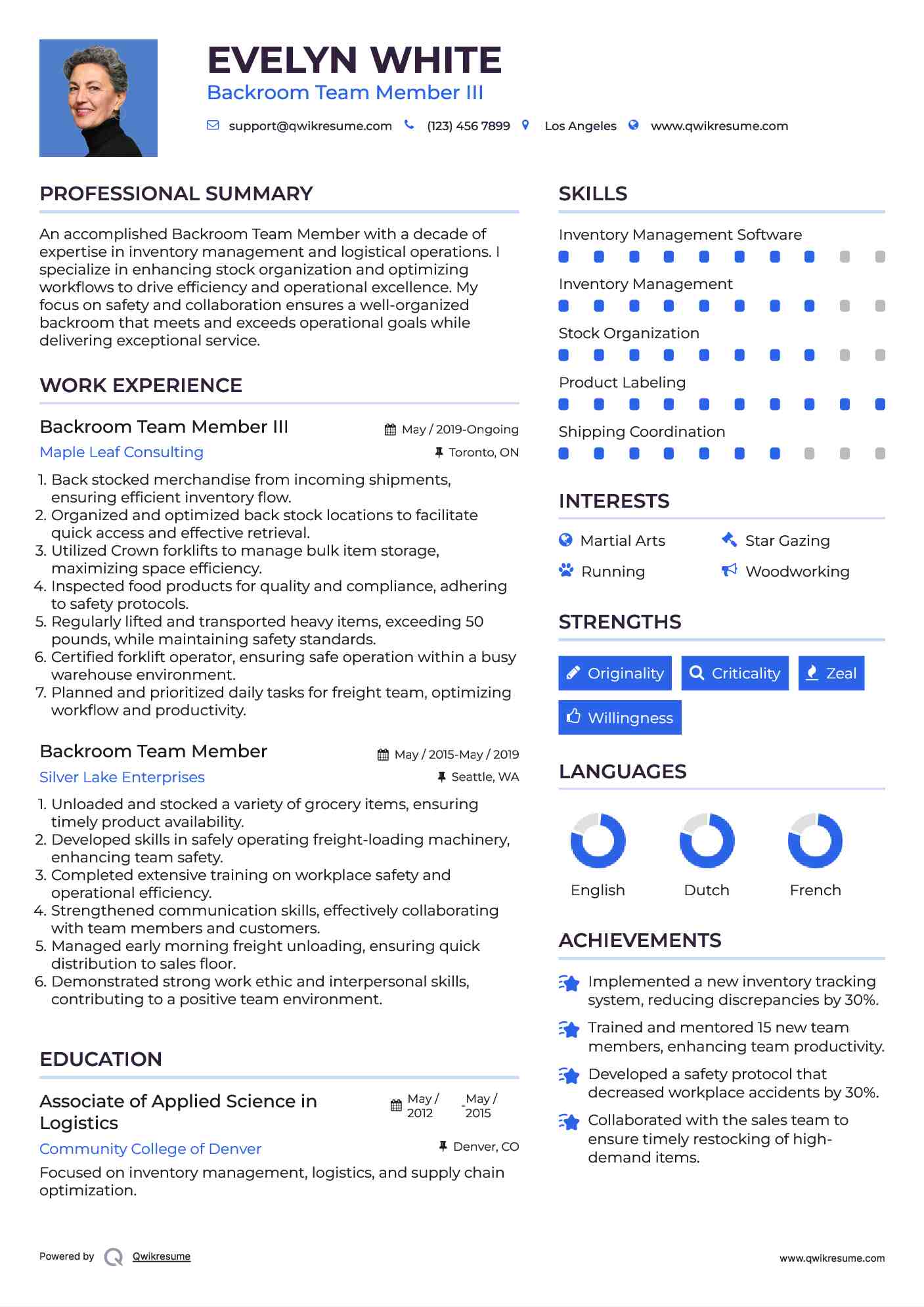 Backroom Team Member III Resume Model