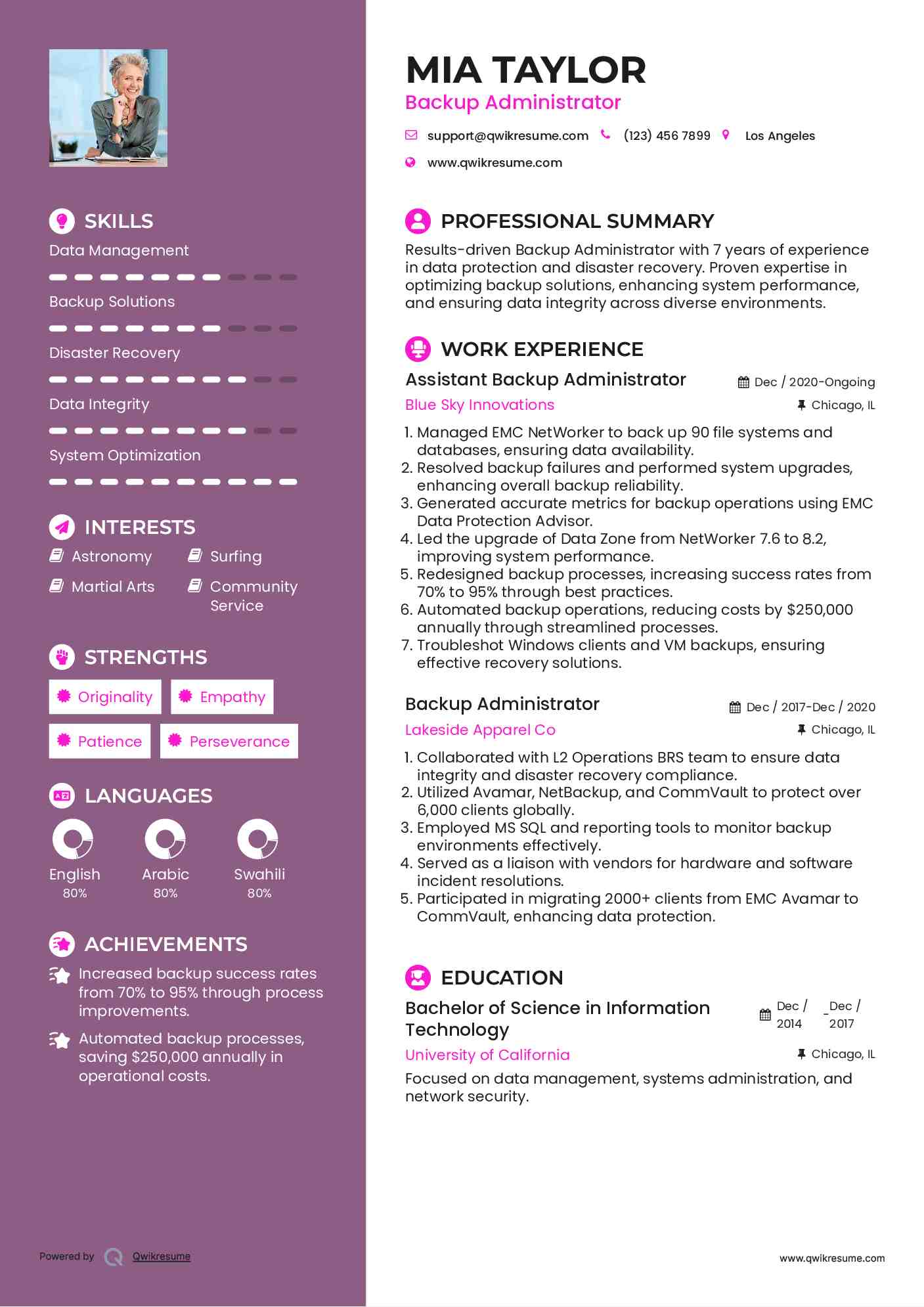 Assistant Backup Administrator Resume Example