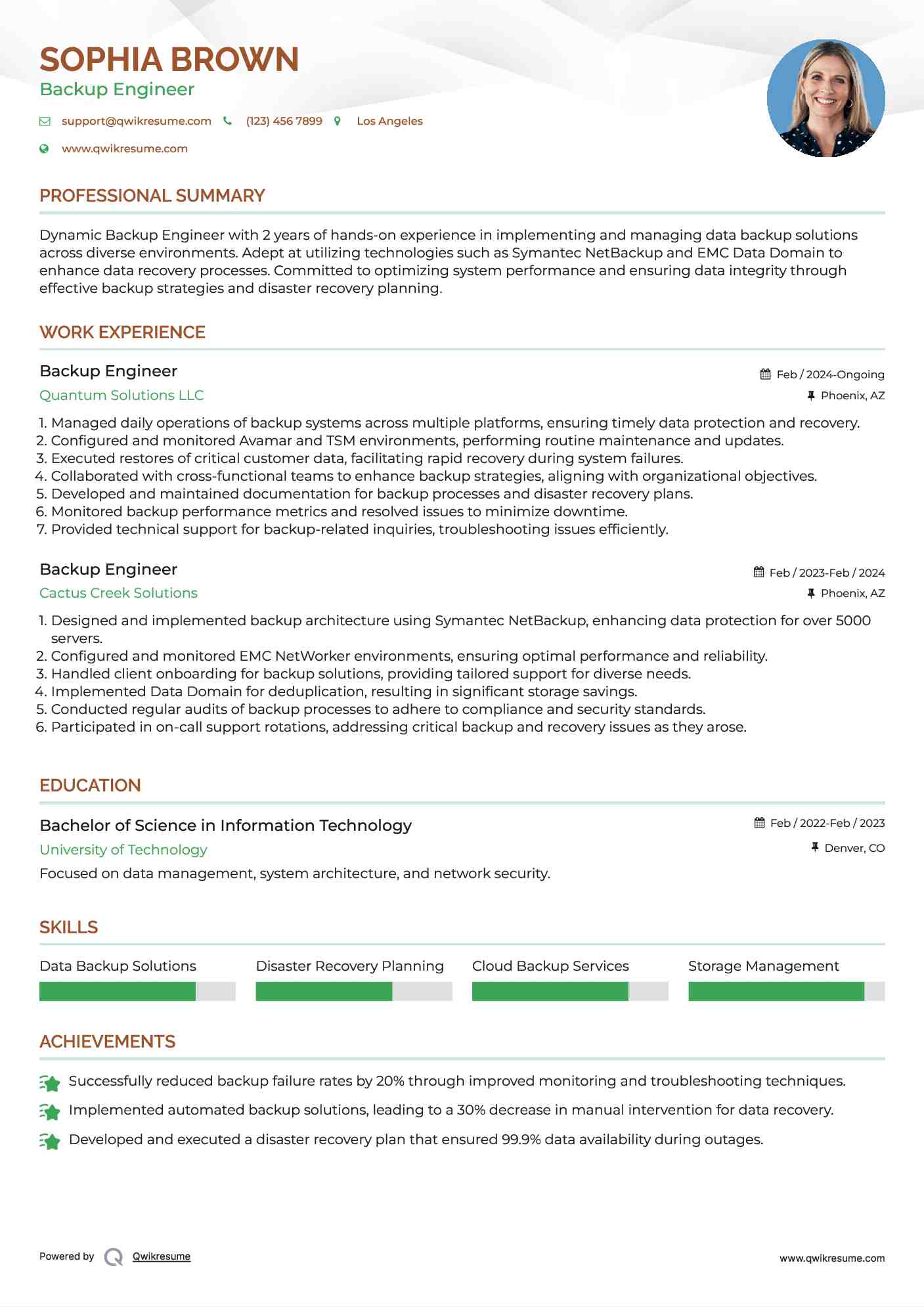 Backup Engineer Resume Sample