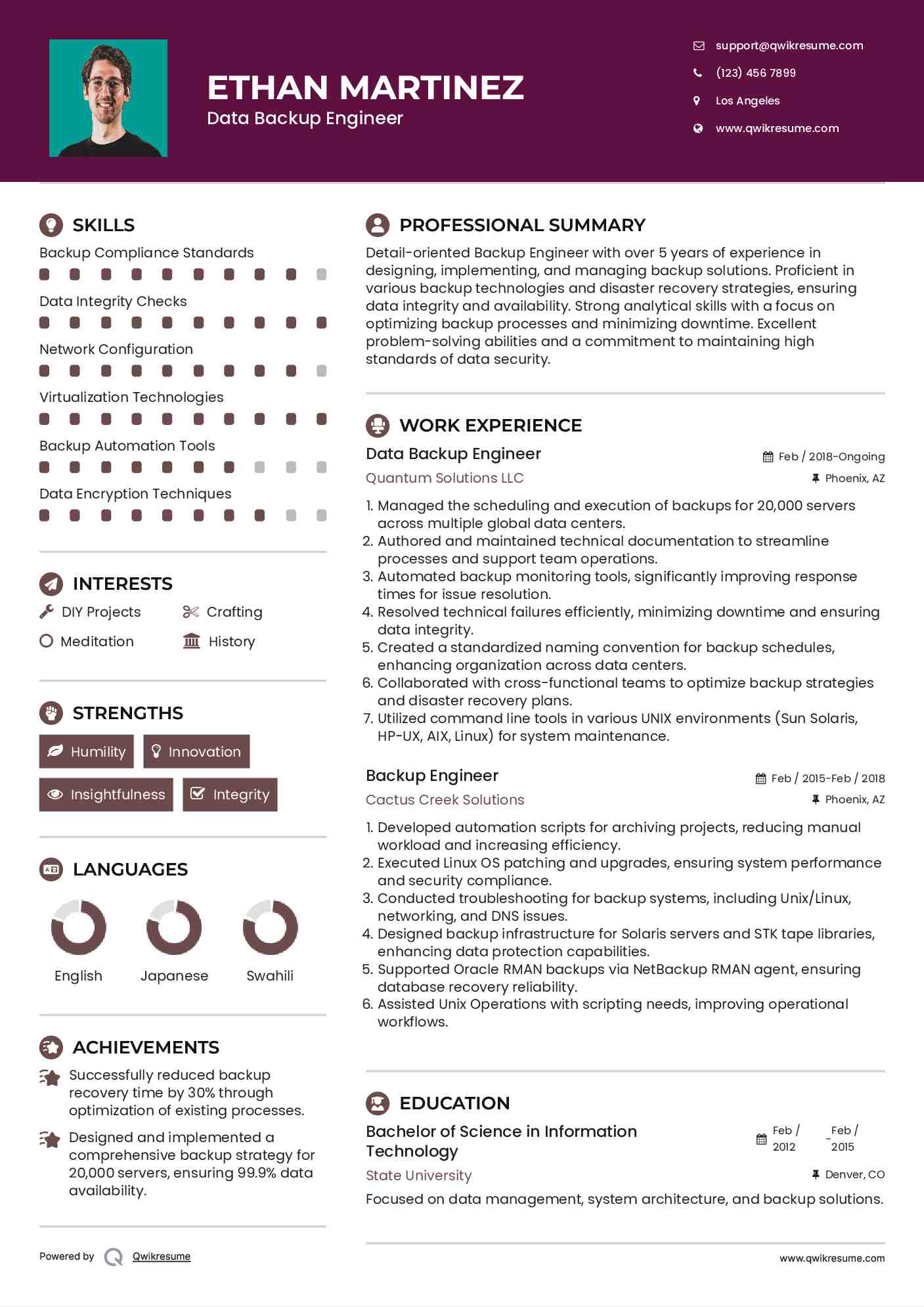 Data Backup Engineer Resume Example