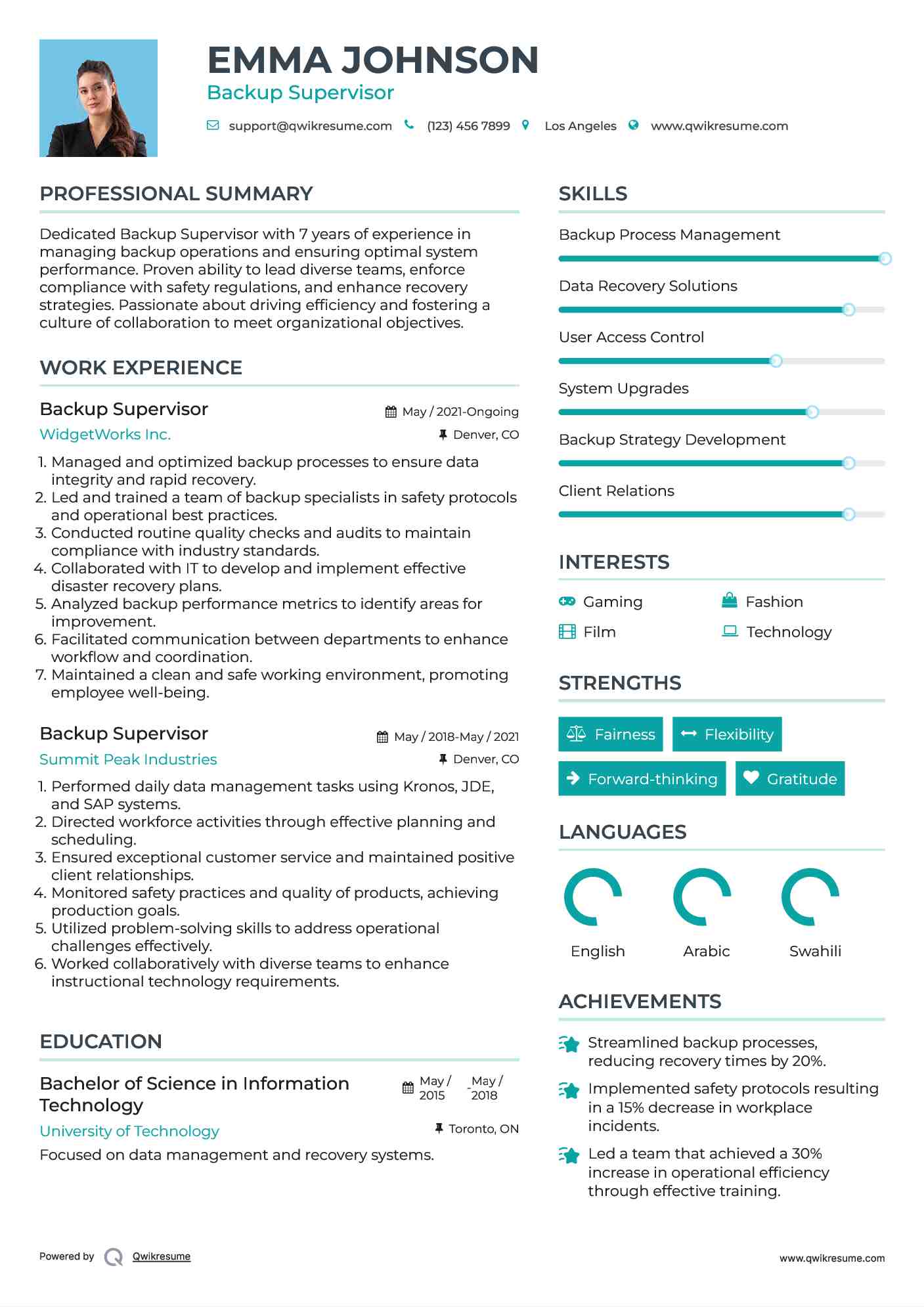 Backup Supervisor Resume Sample