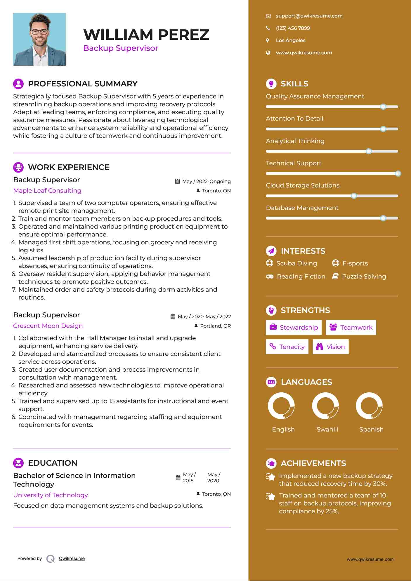 Backup Supervisor Resume Model