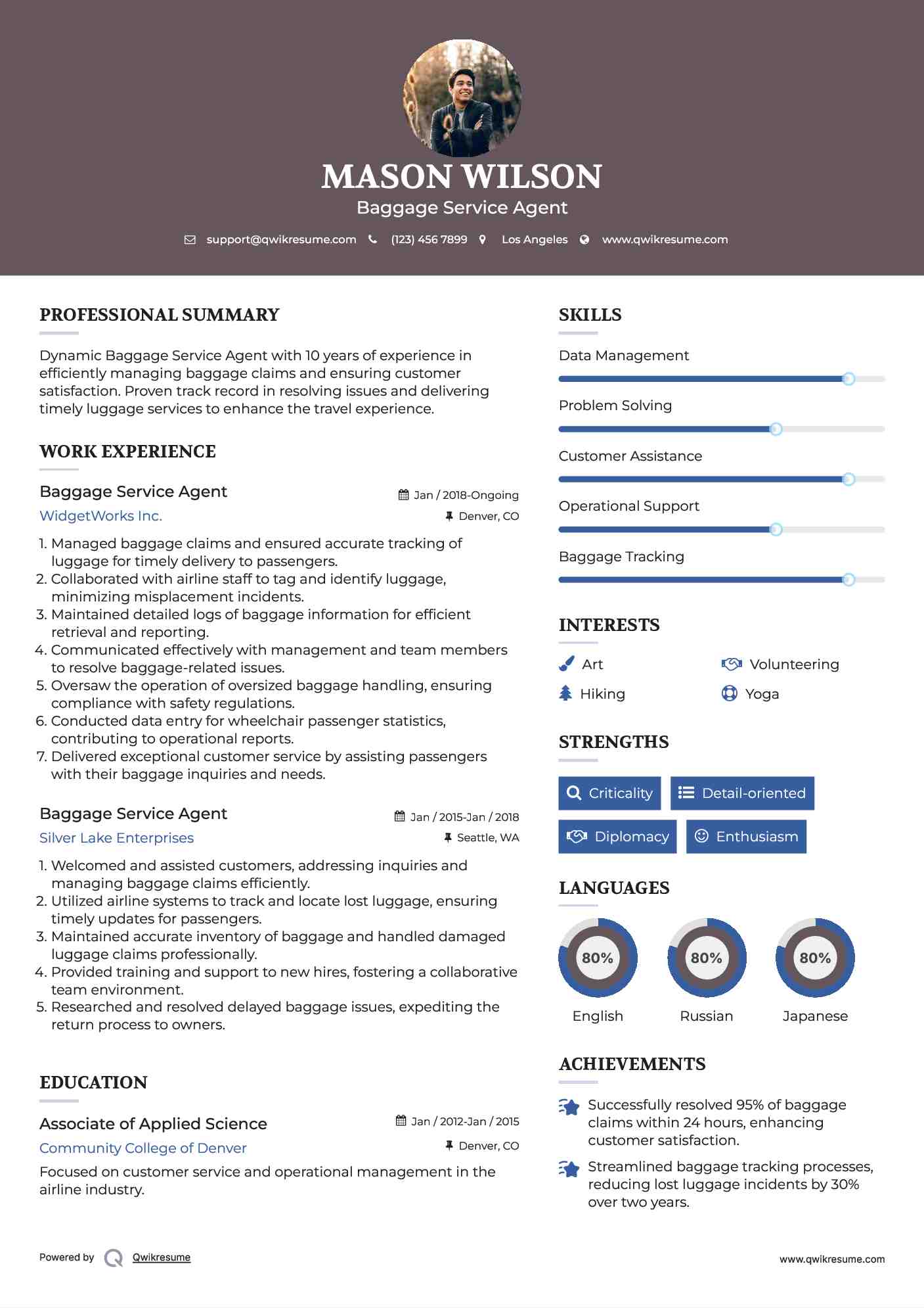 Baggage Service Agent Resume Format