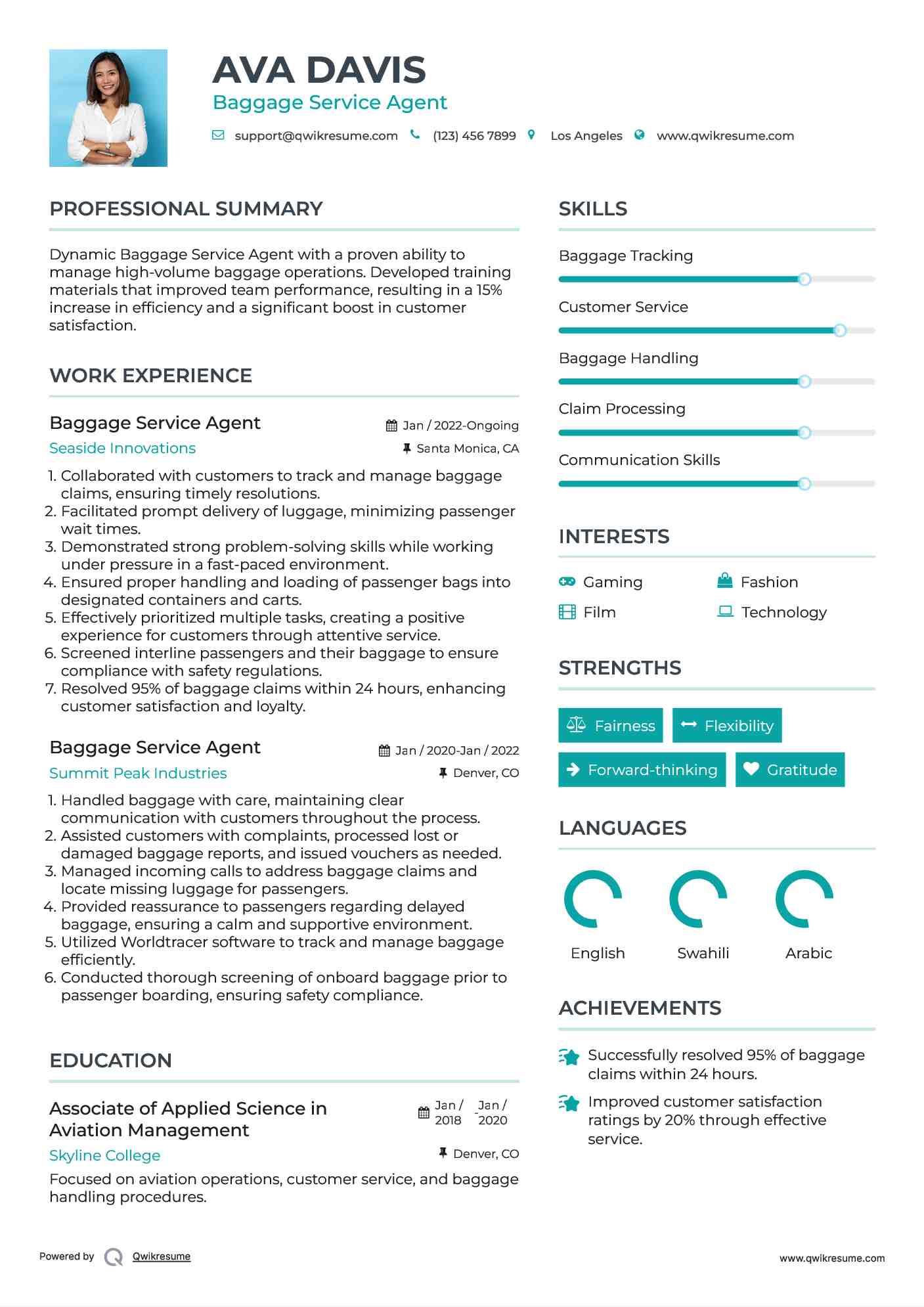 Baggage Service Agent Resume Model