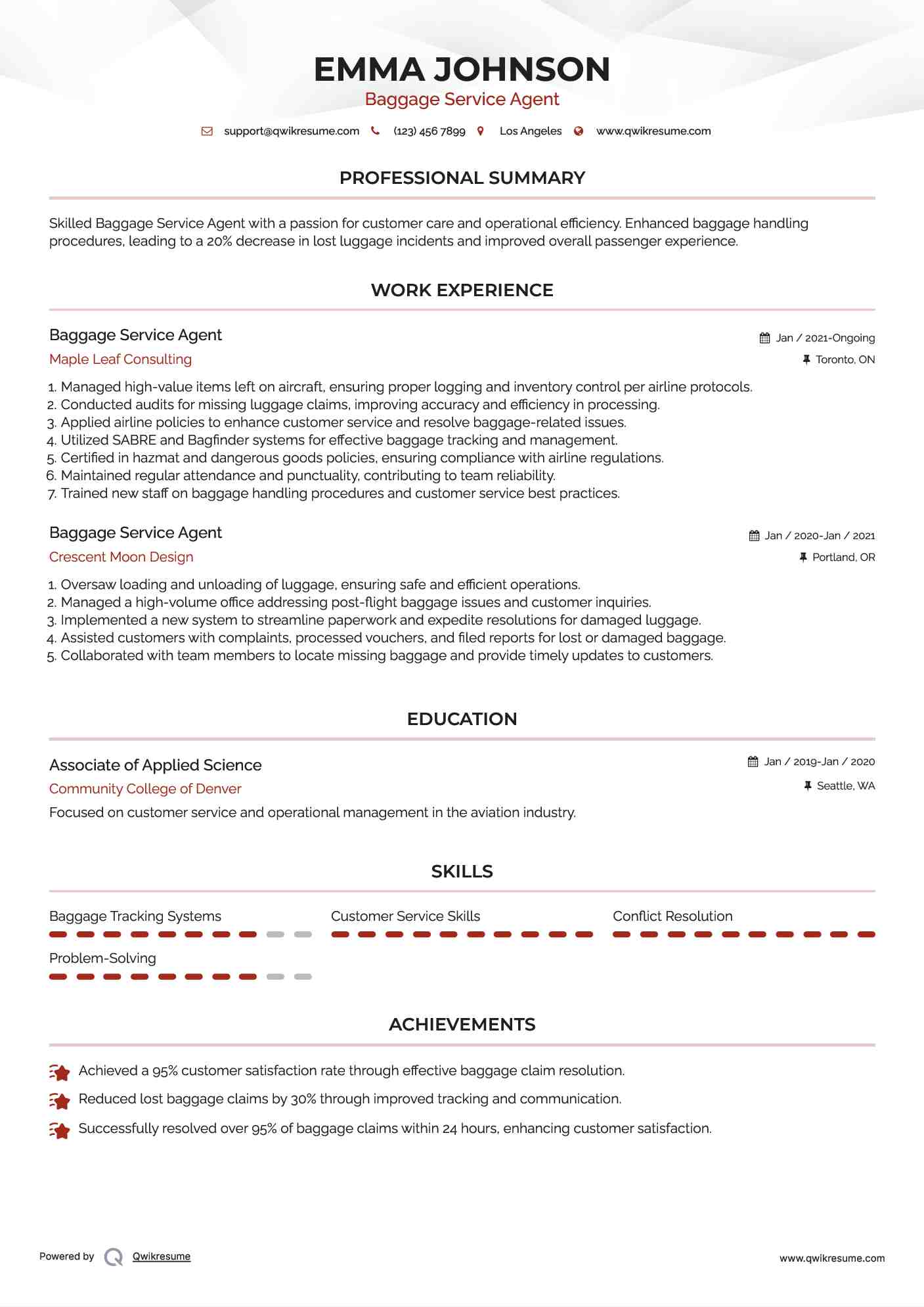 Baggage Service Agent Resume Sample