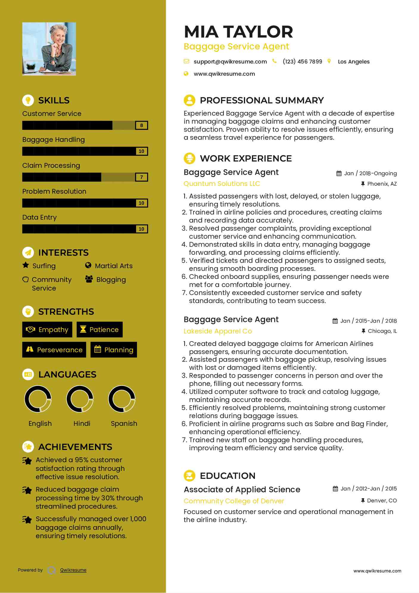 Baggage Service Agent Resume Sample