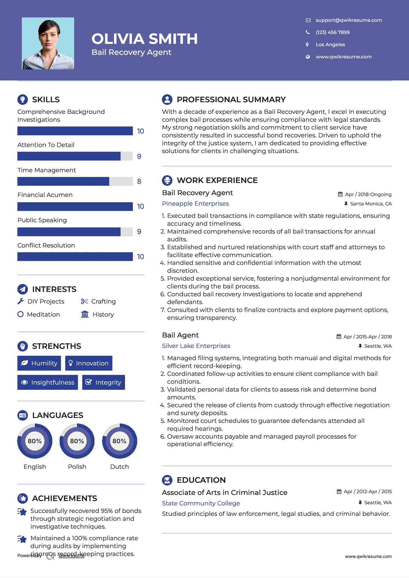 Bail Recovery Agent Resume Sample