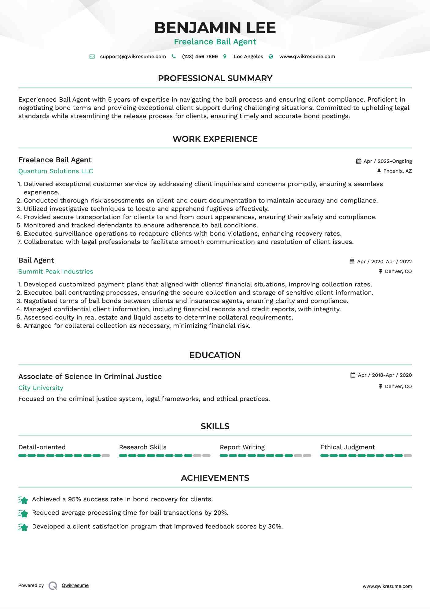 Freelance Bail Agent Resume Format