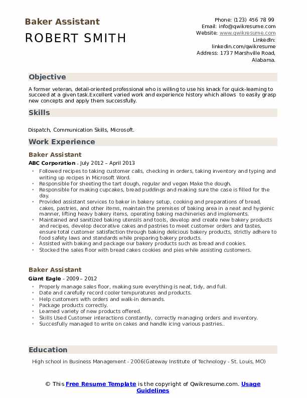 Baker Assistant Resume Samples QwikResume