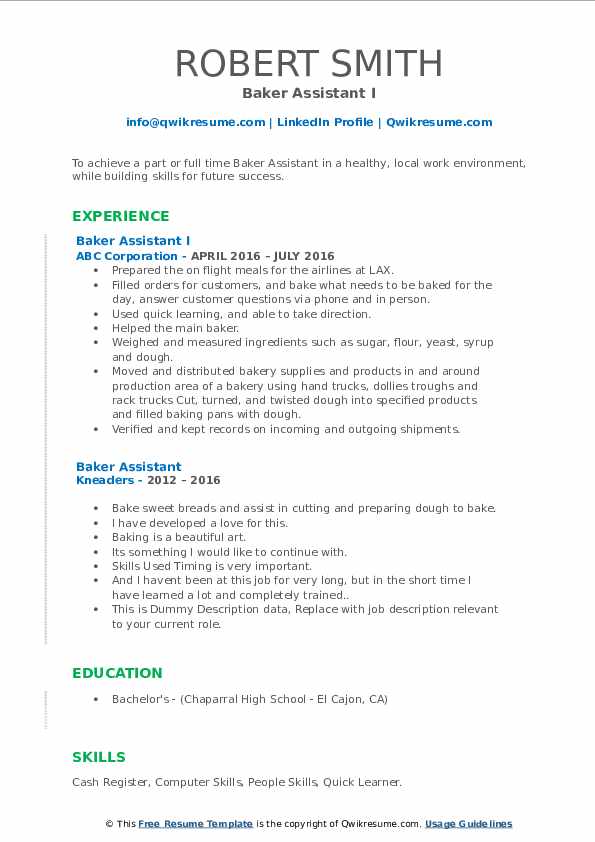 Baker Assistant Resume Samples | QwikResume