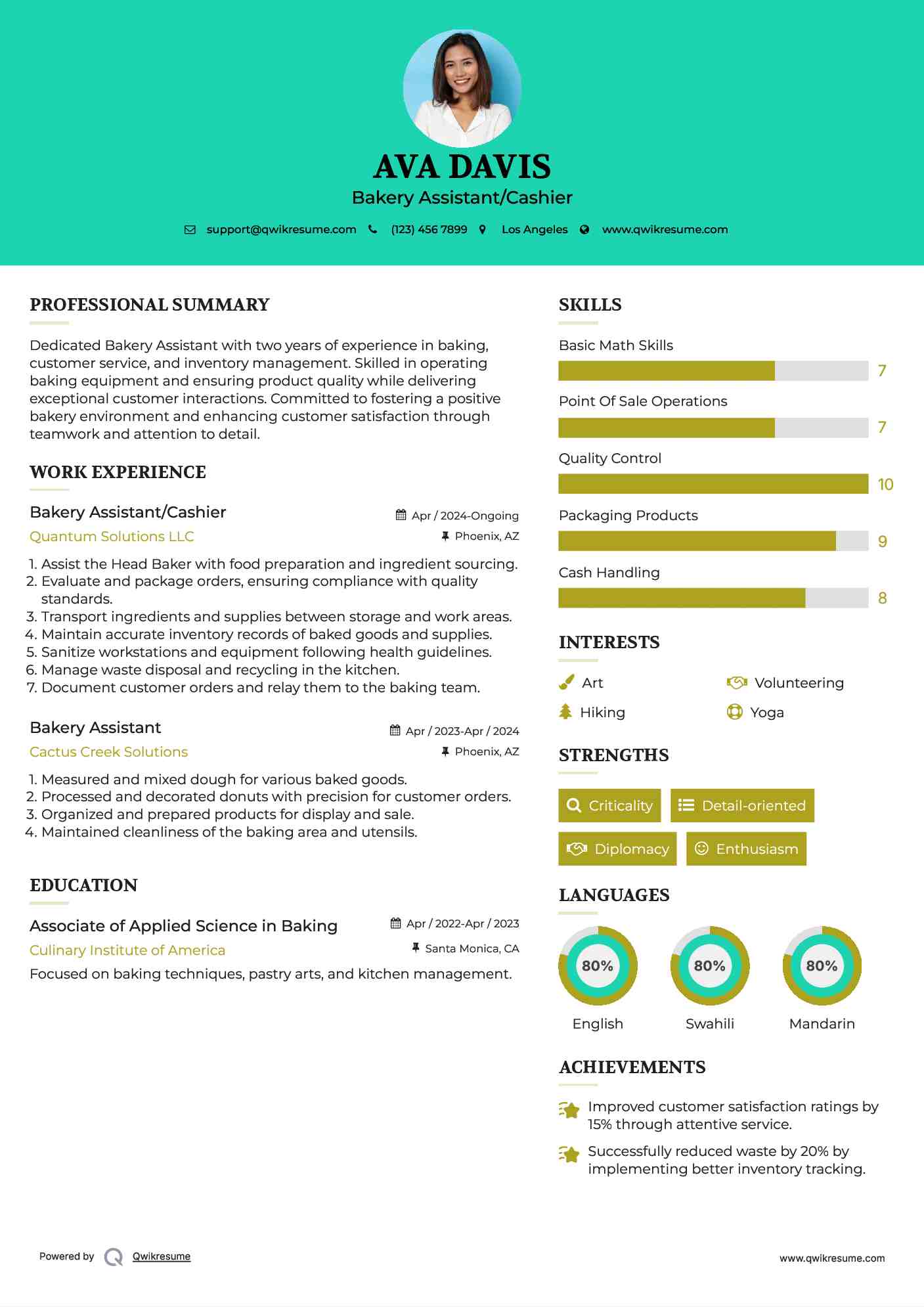 Bakery Assistant Resume Samples QwikResume