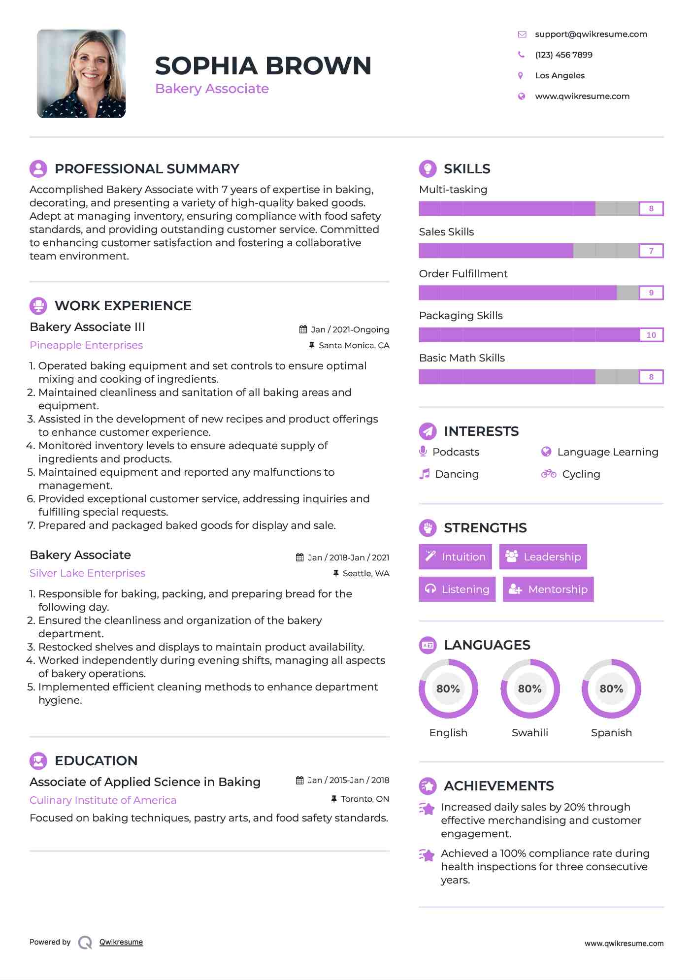 Bakery Associate III Resume Sample