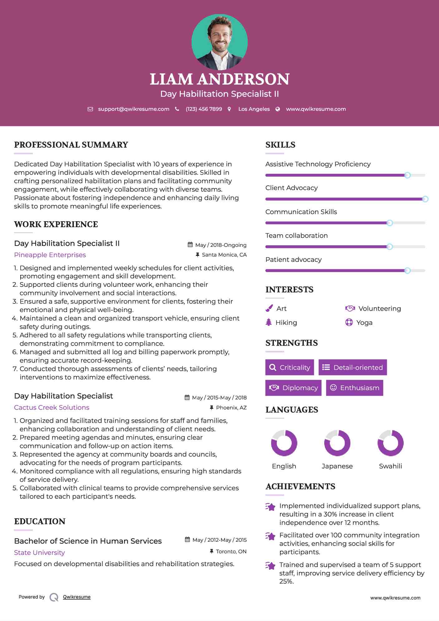 Day Habilitation Specialist II Resume Format