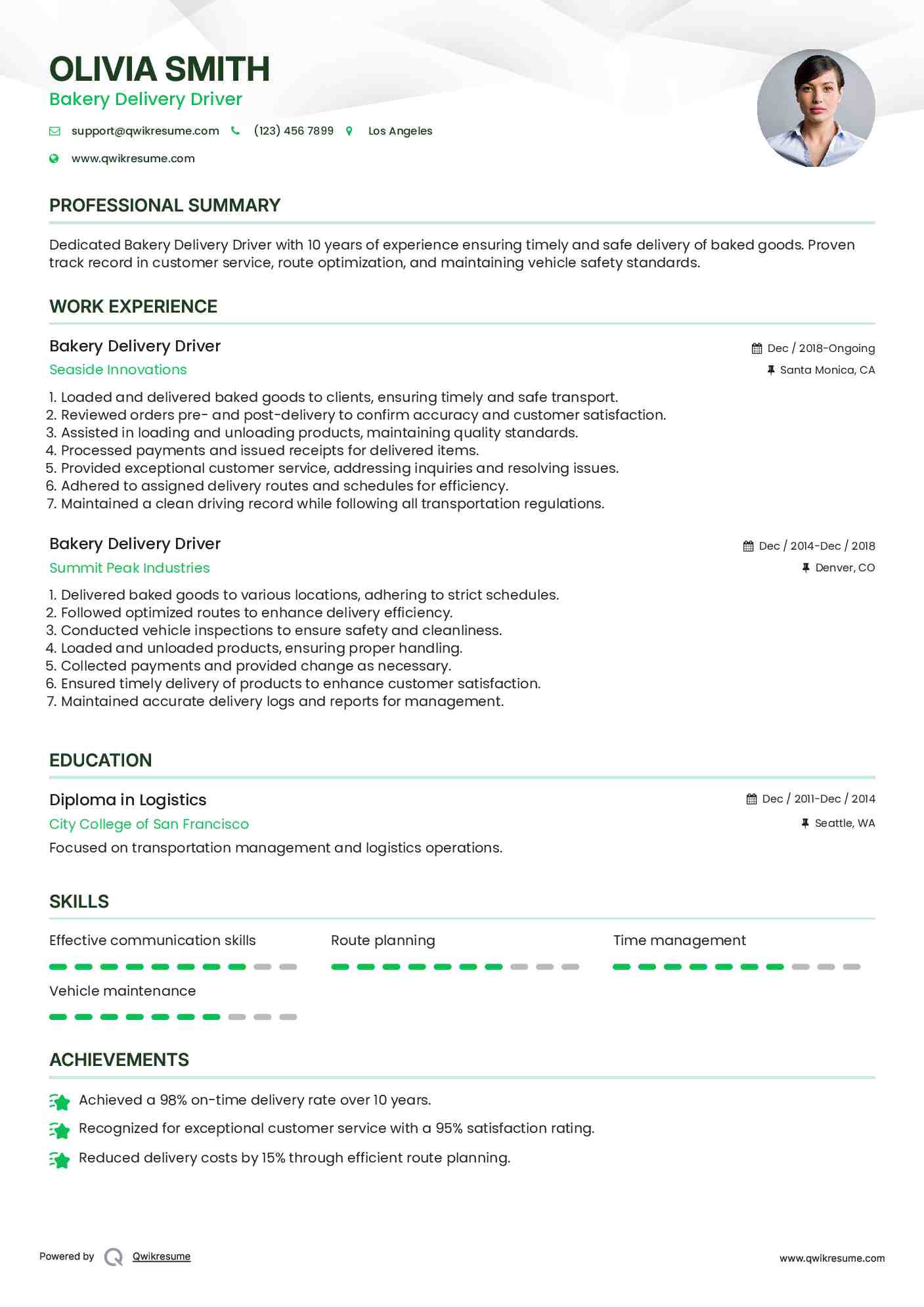 Bakery Delivery Driver Resume Template