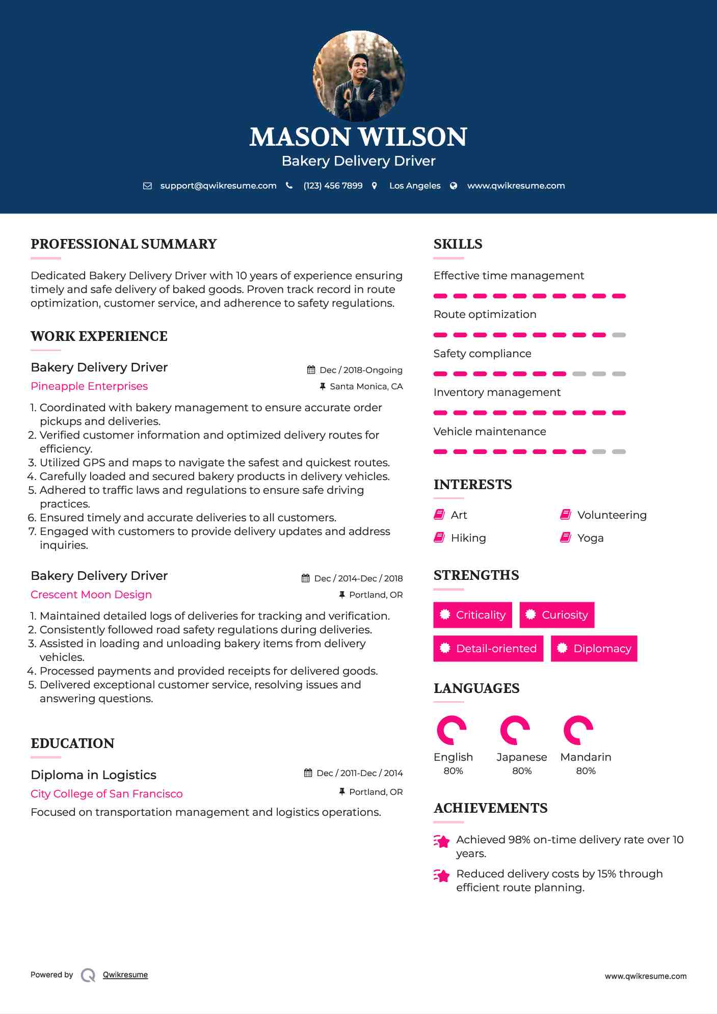 Bakery Delivery Driver Resume Example