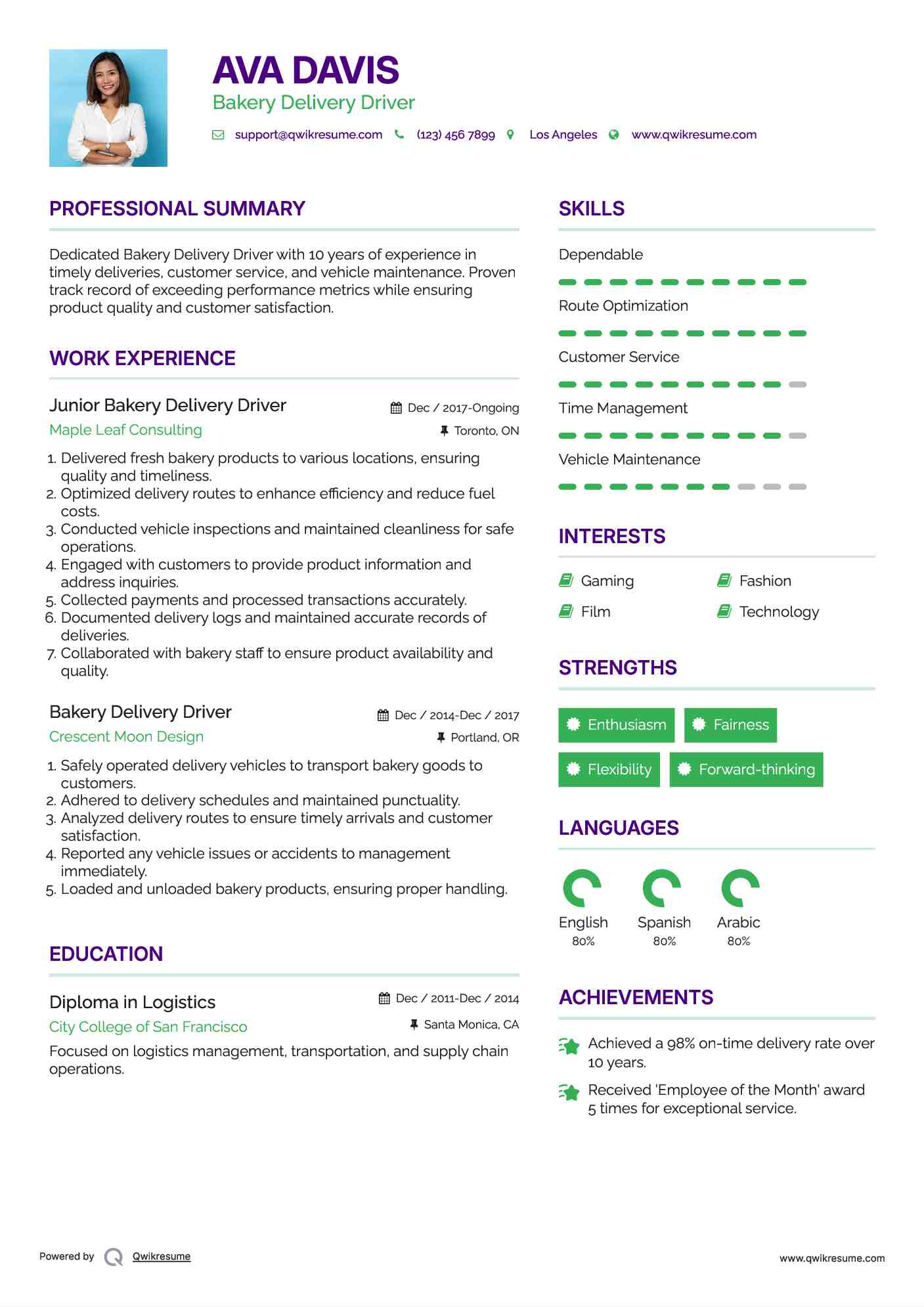 Junior Bakery Delivery Driver Resume Sample