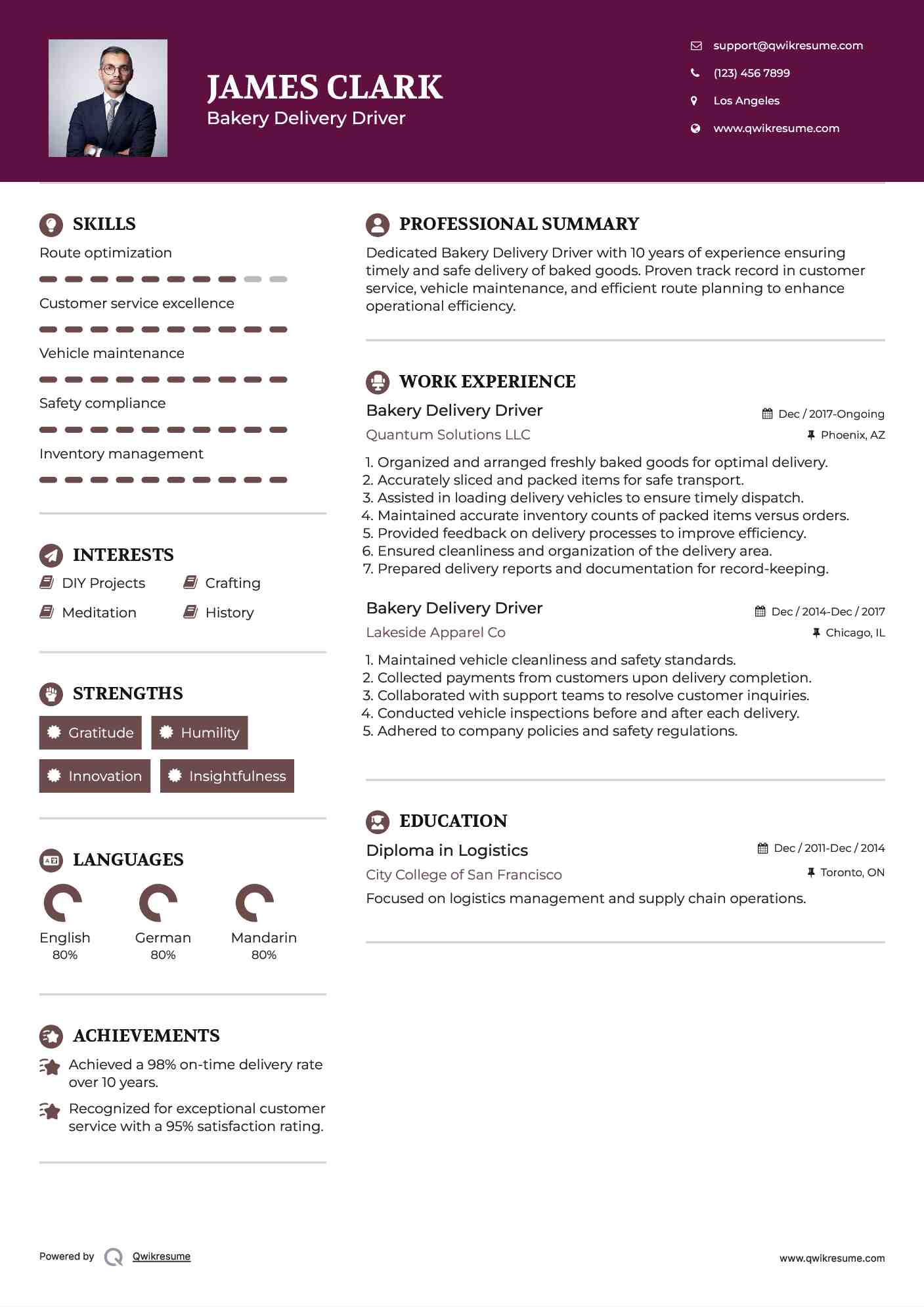 Bakery Delivery Driver Resume Example