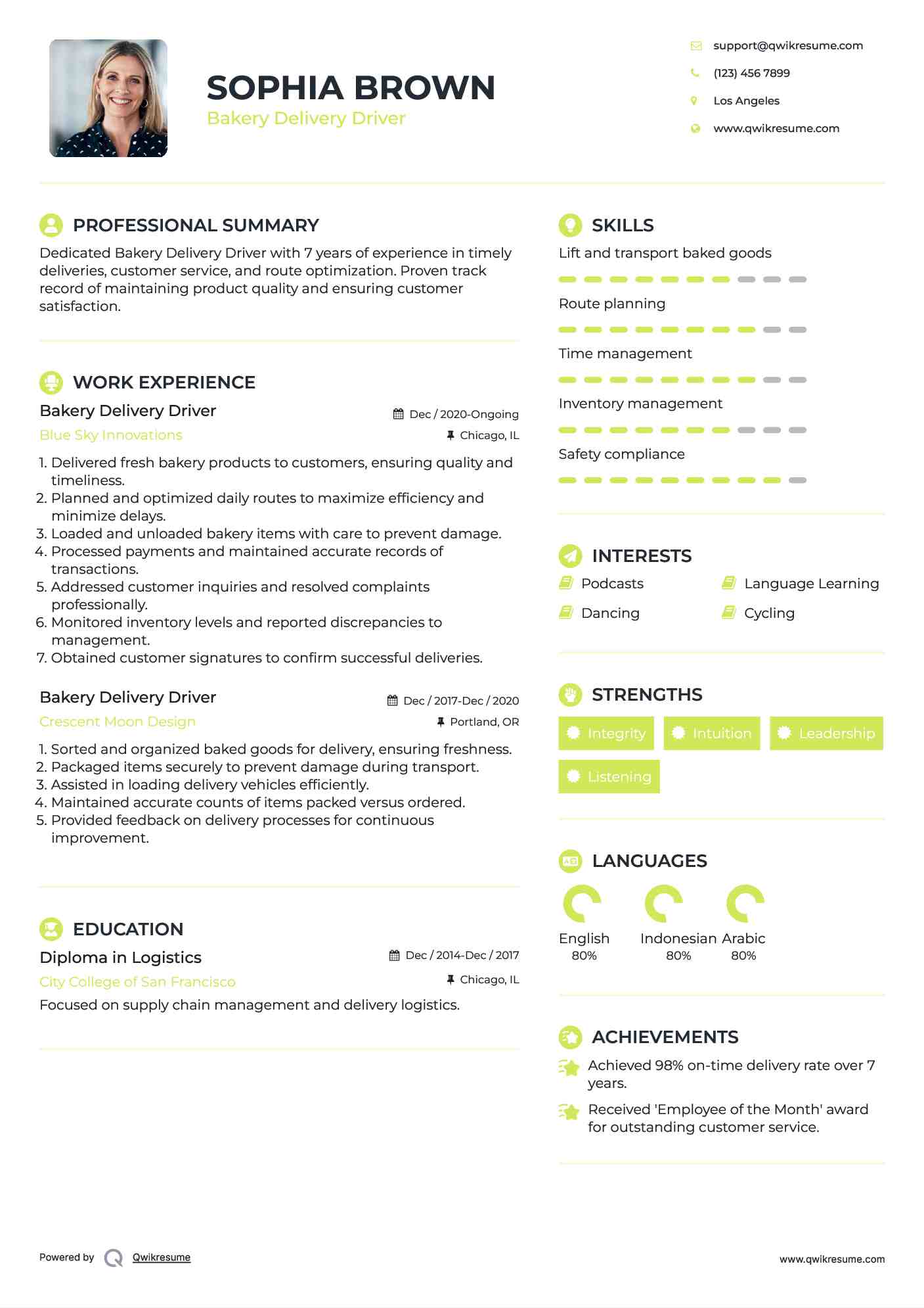 Bakery Delivery Driver Resume Format