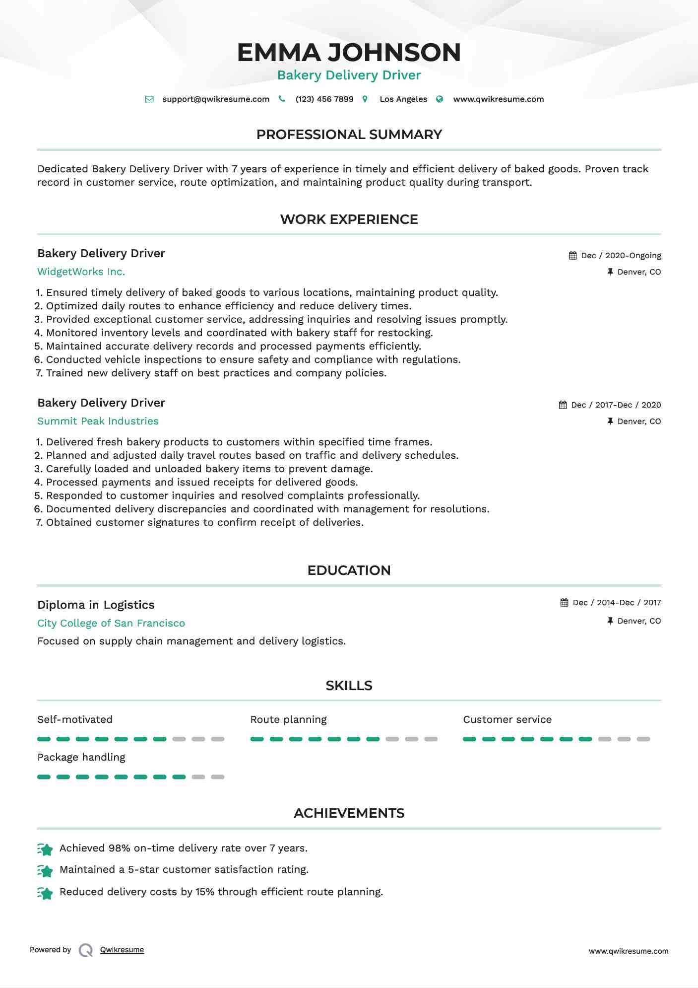 Bakery Delivery Driver Resume Template