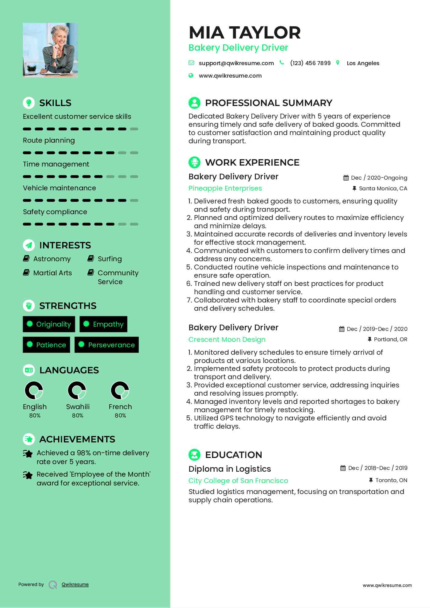 Bakery Delivery Driver Resume Format