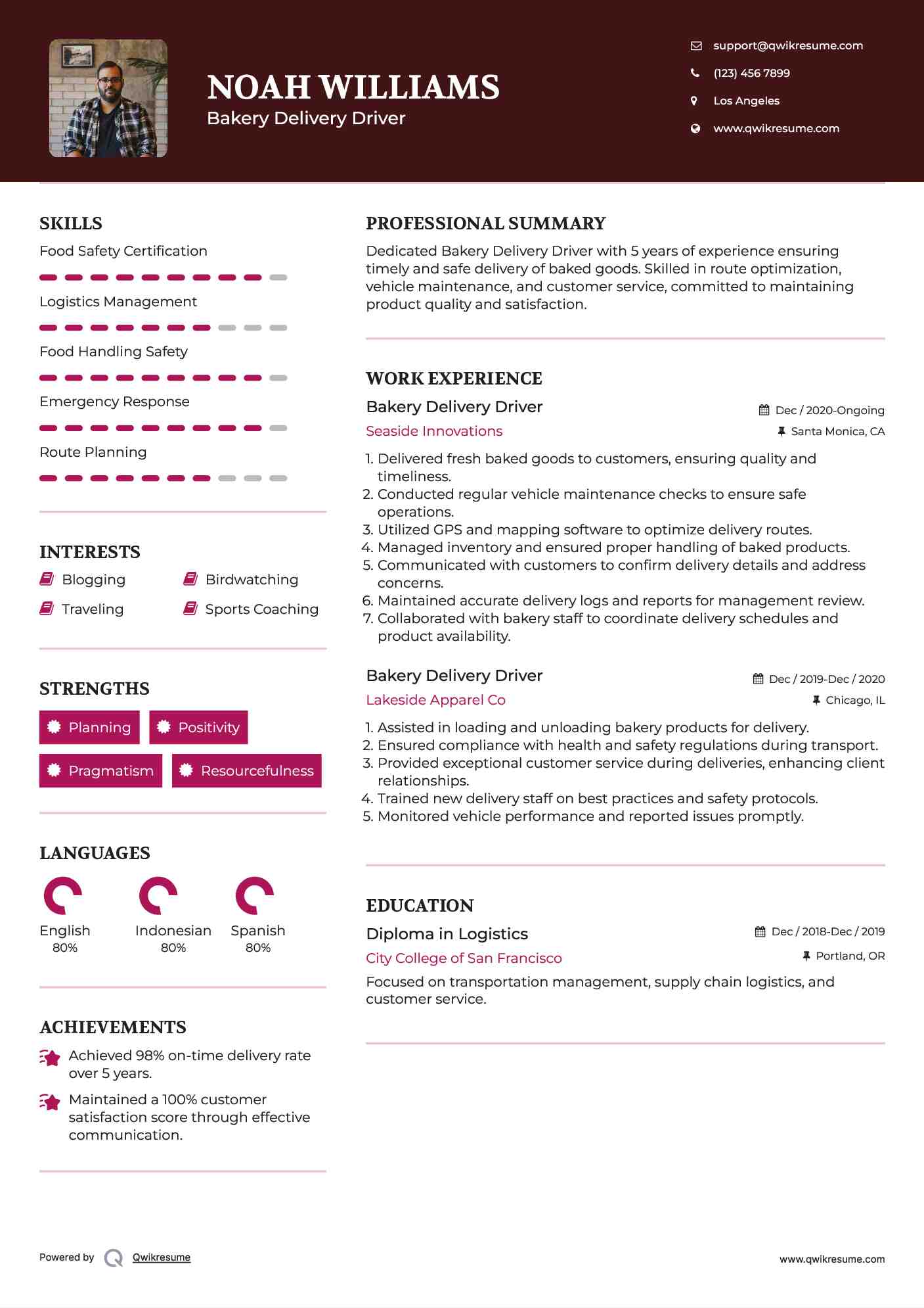 Bakery Delivery Driver Resume Example