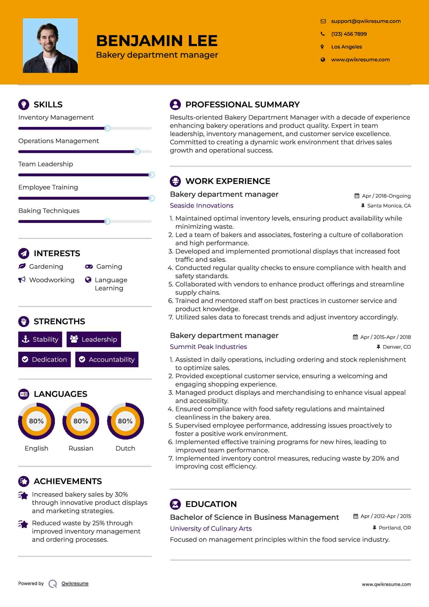Bakery department manager Resume Format