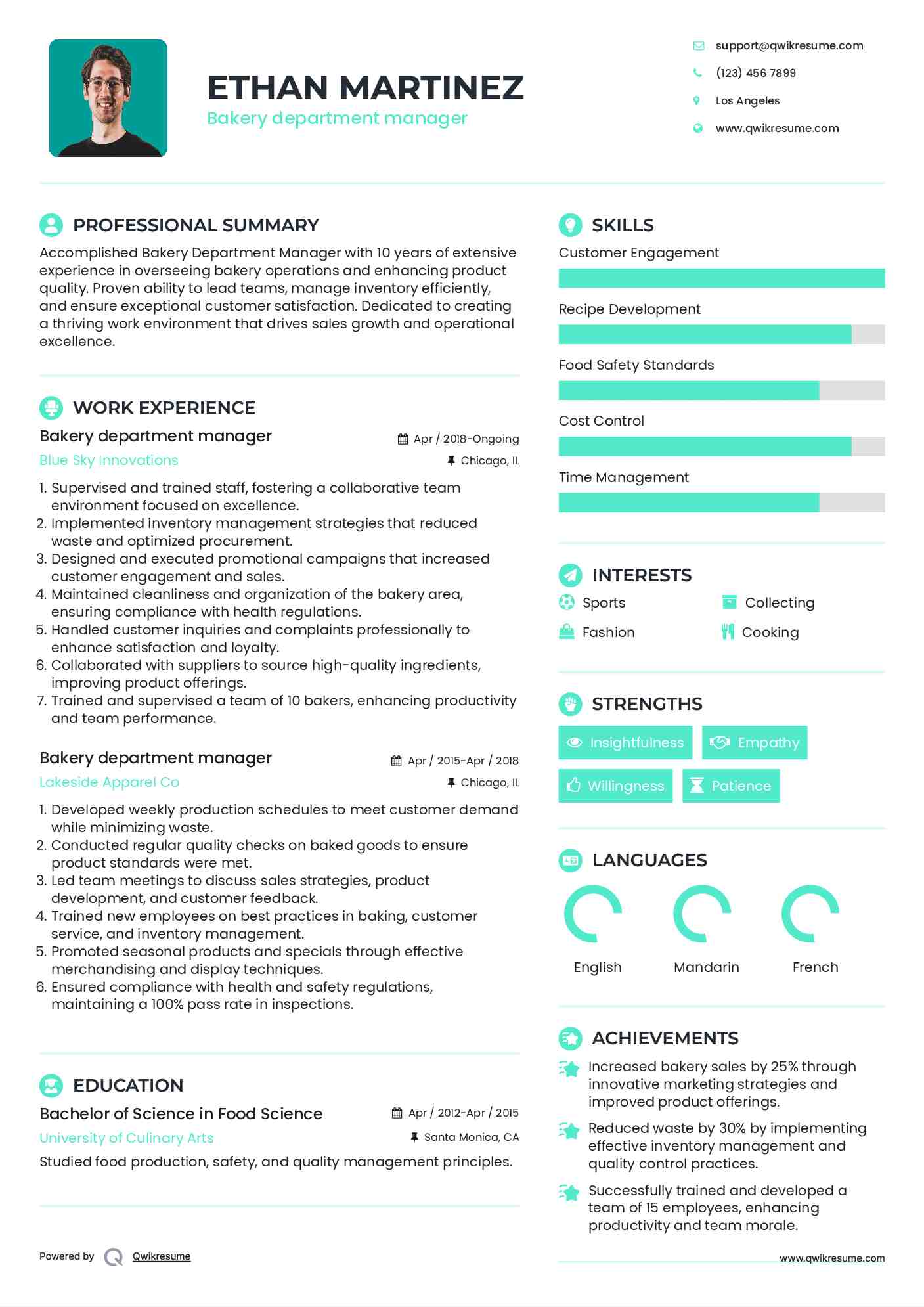 Bakery department manager Resume Sample