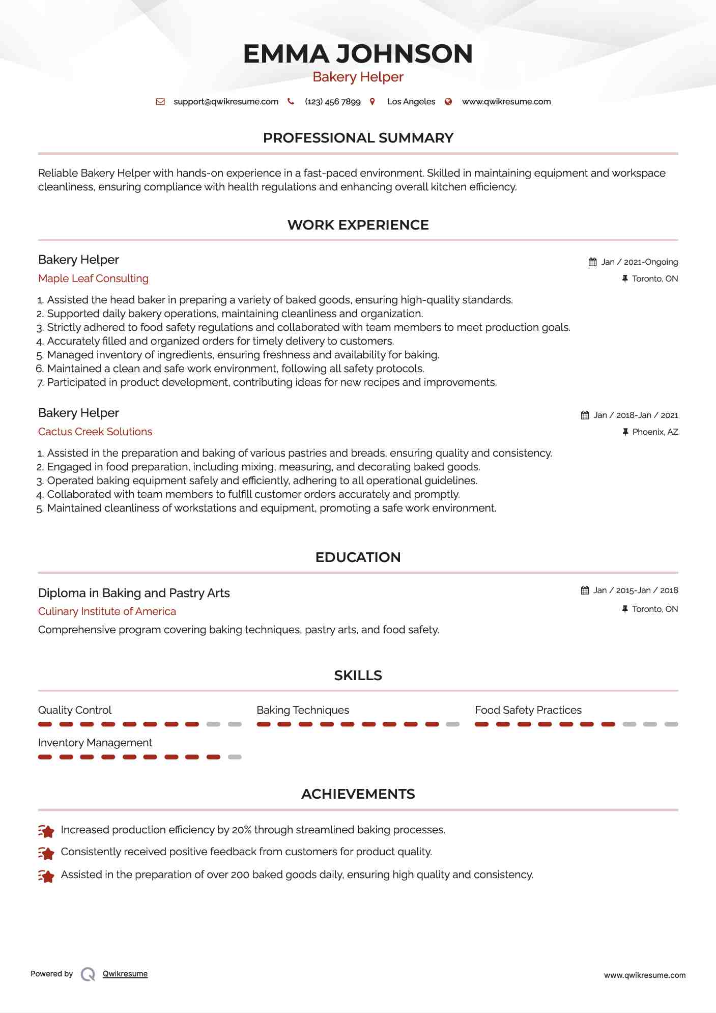 Bakery Helper Resume Format