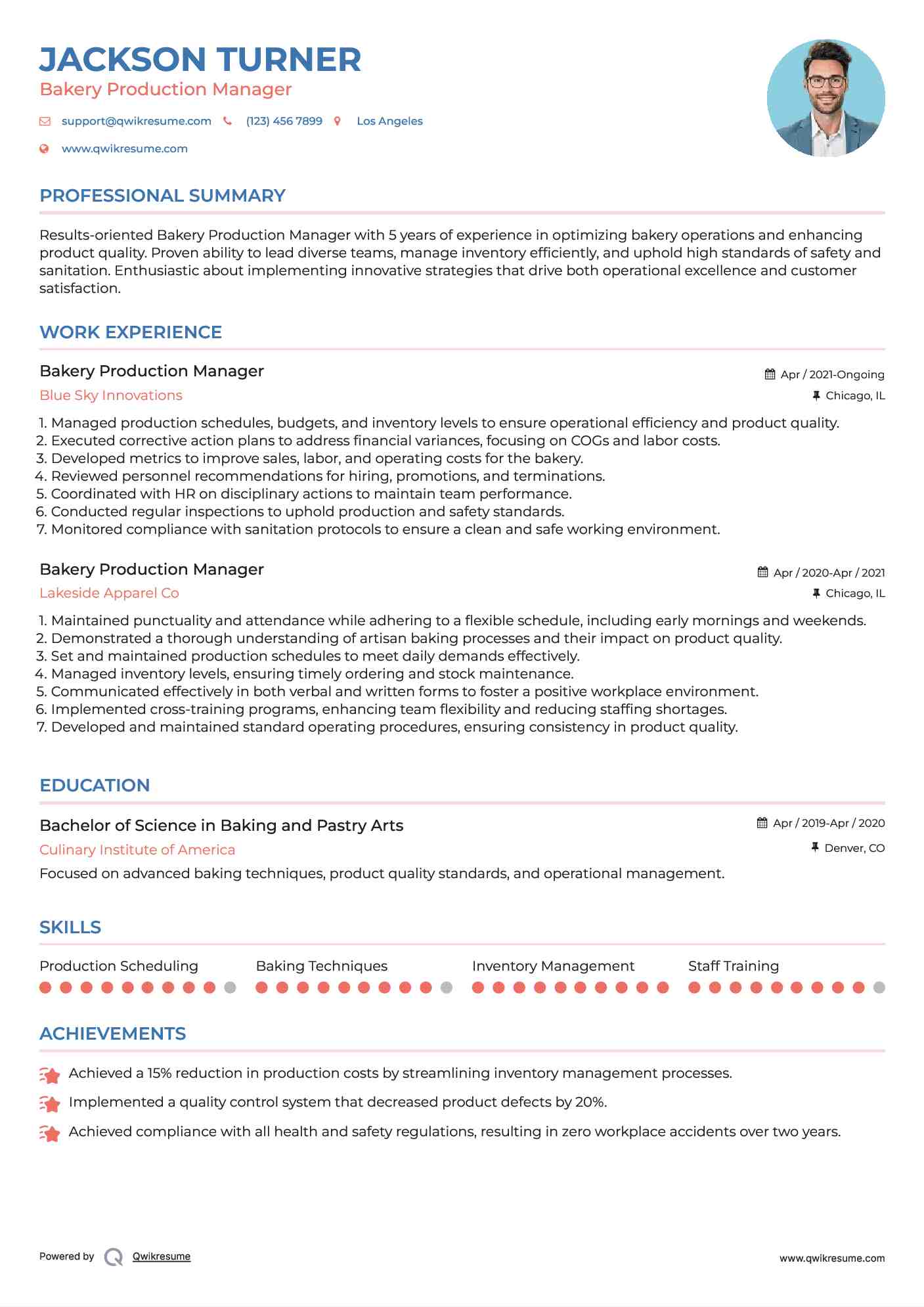 Bakery Production Manager Resume Example