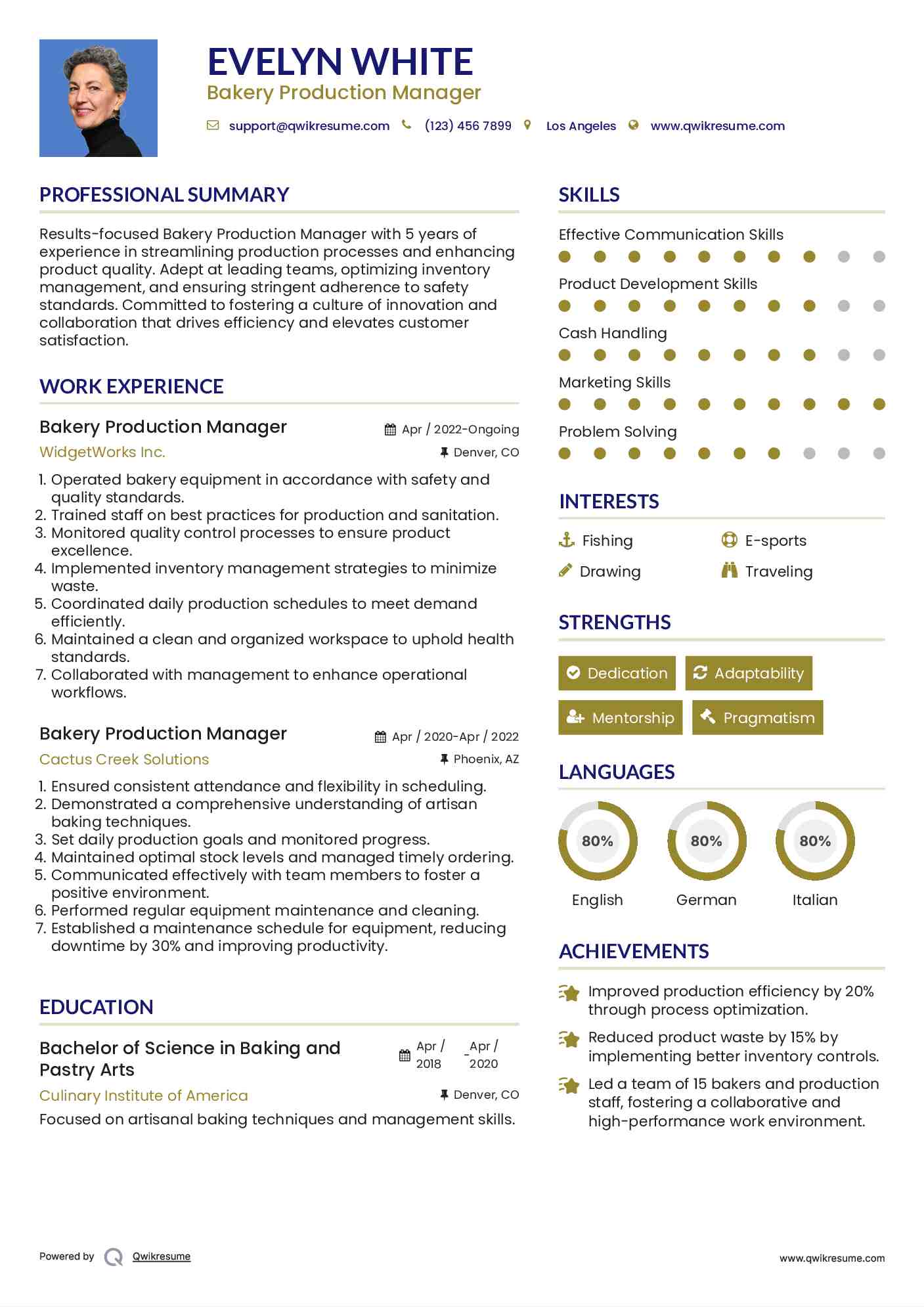 Bakery Production Manager Resume Sample