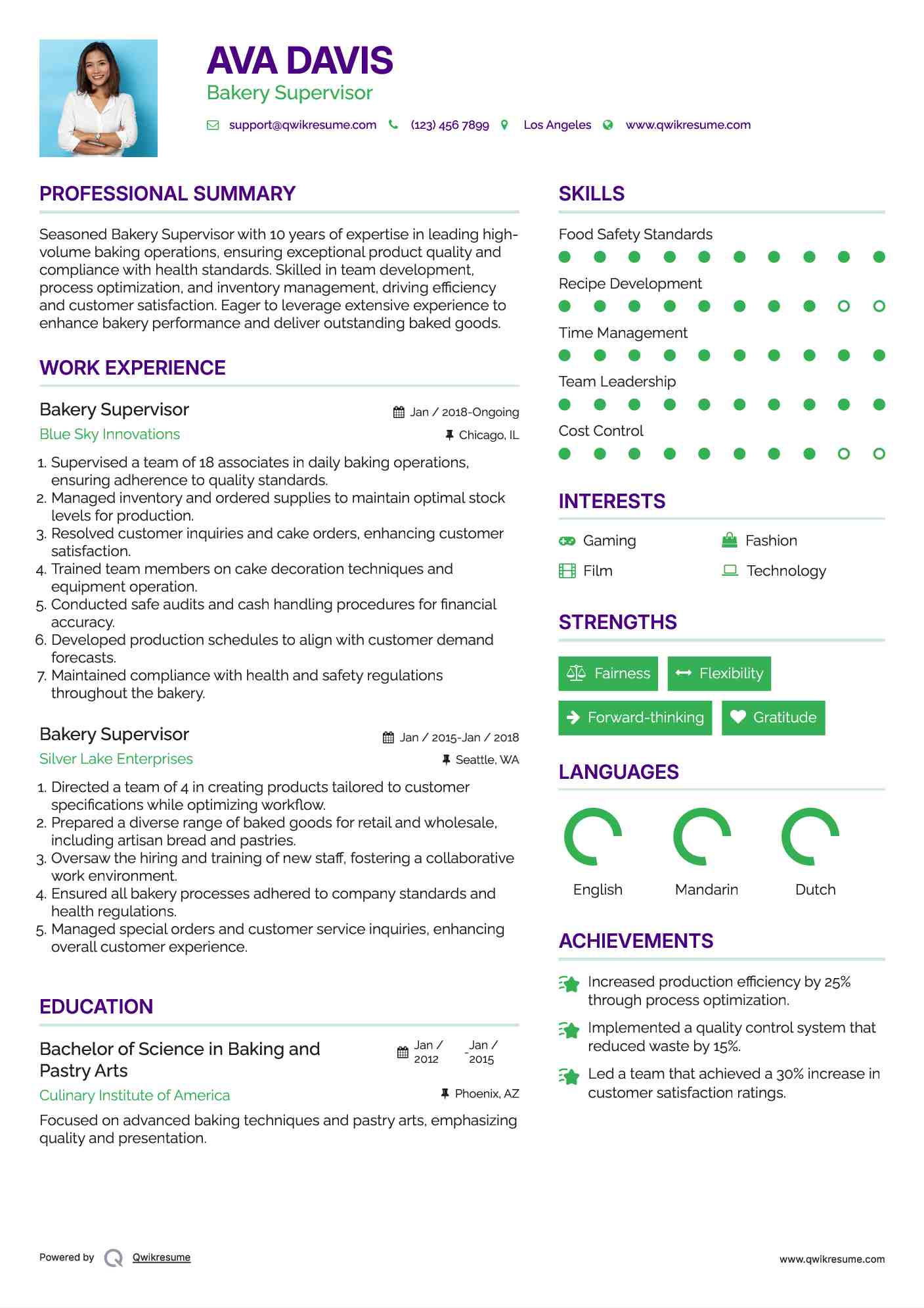 Bakery Supervisor Resume Sample