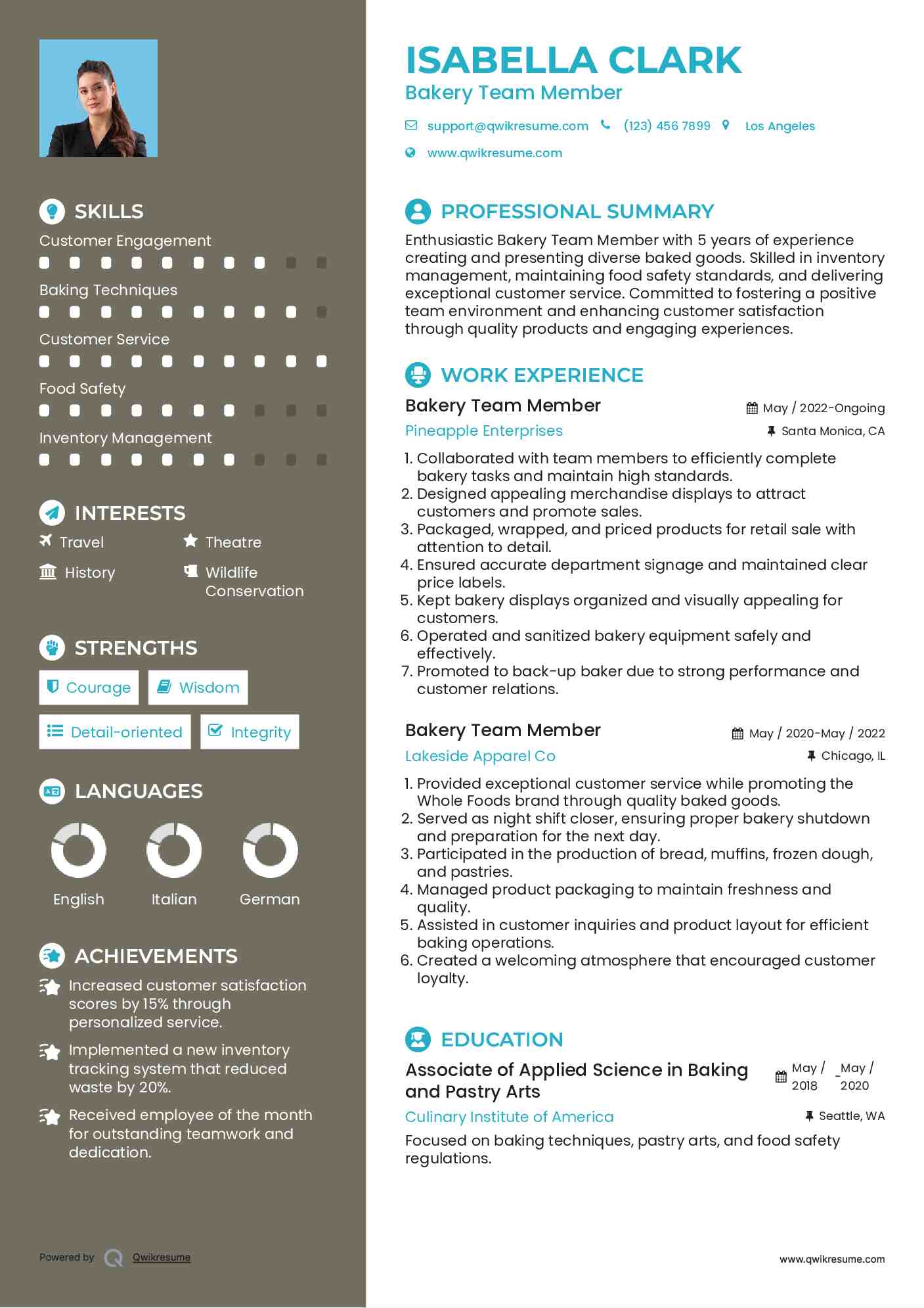 Bakery Team Member Resume Example