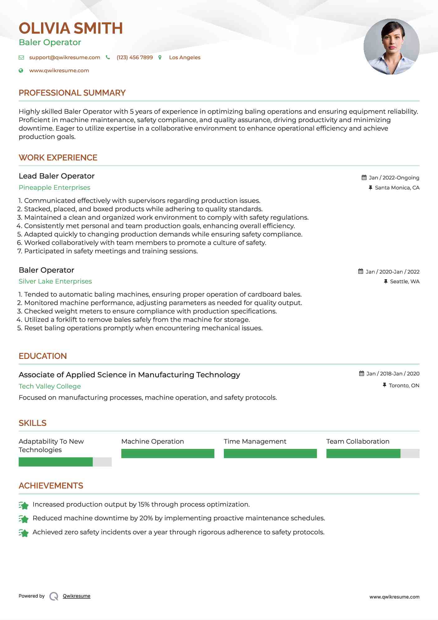 Lead Baler Operator Resume Model