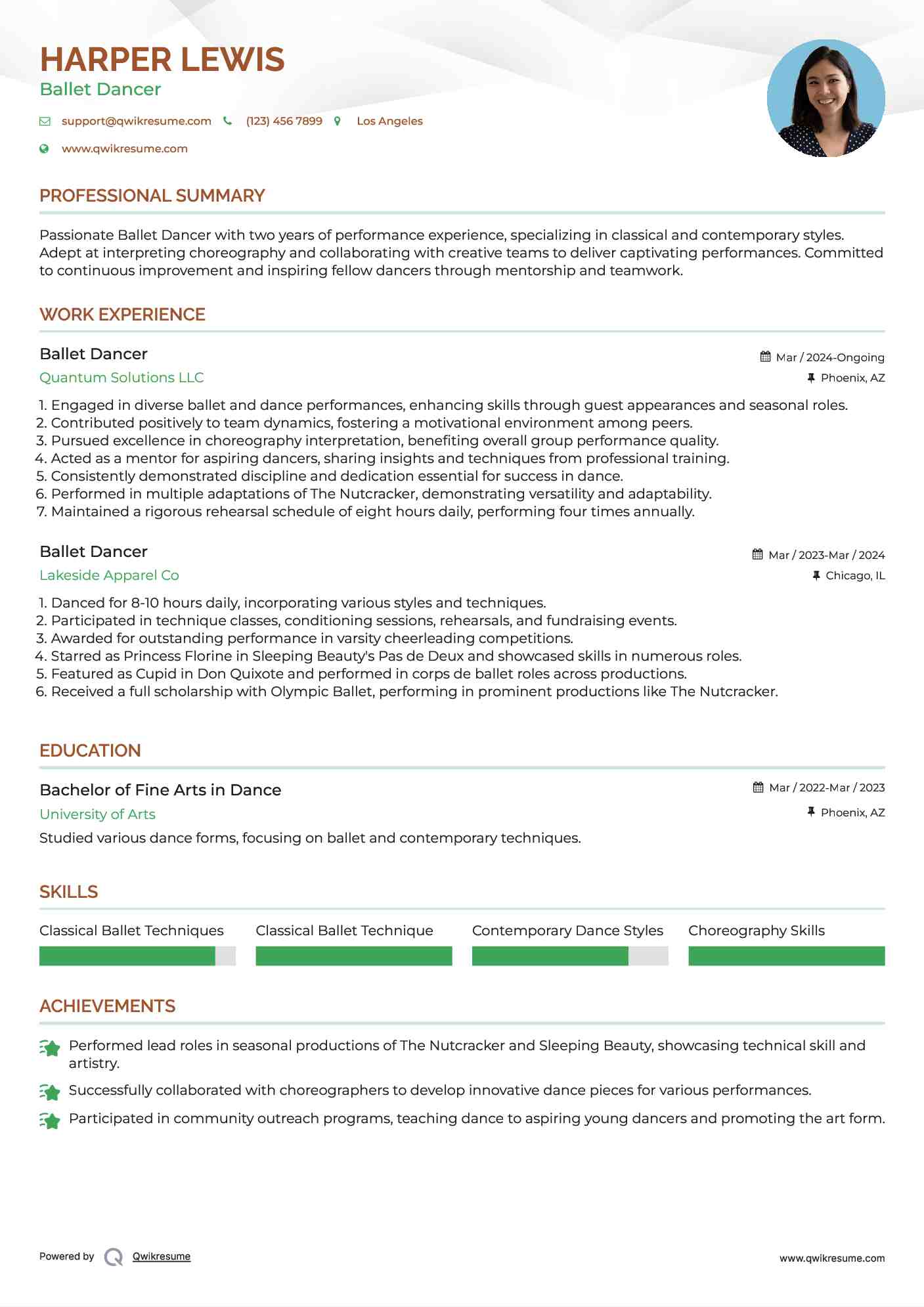 Ballet Dancer Resume Sample