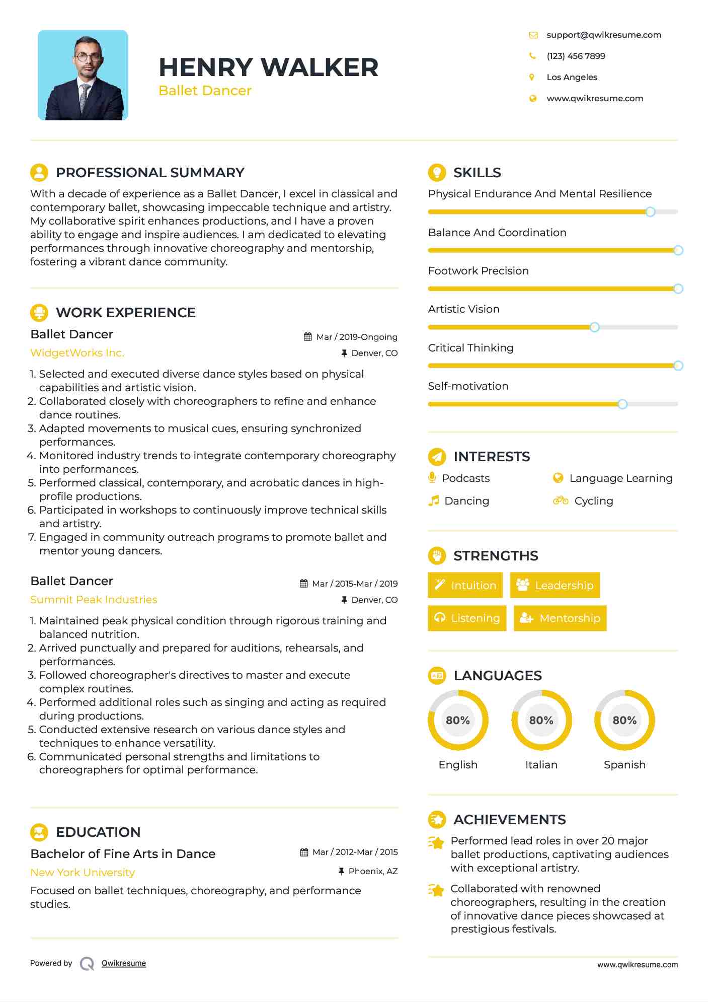 Ballet Dancer Resume Example