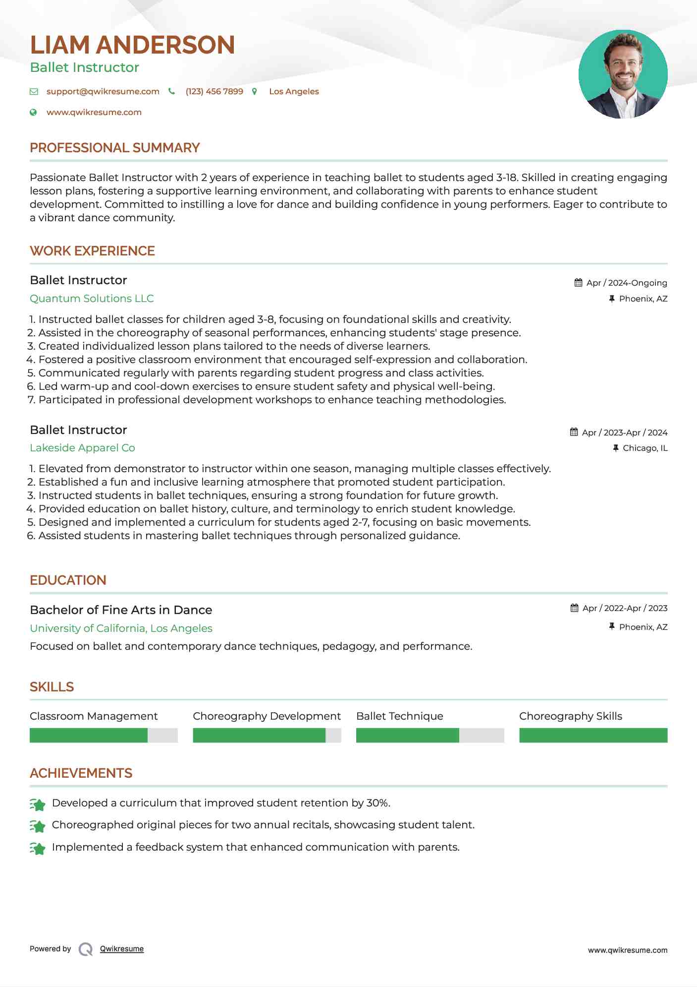 Ballet Instructor Resume Example