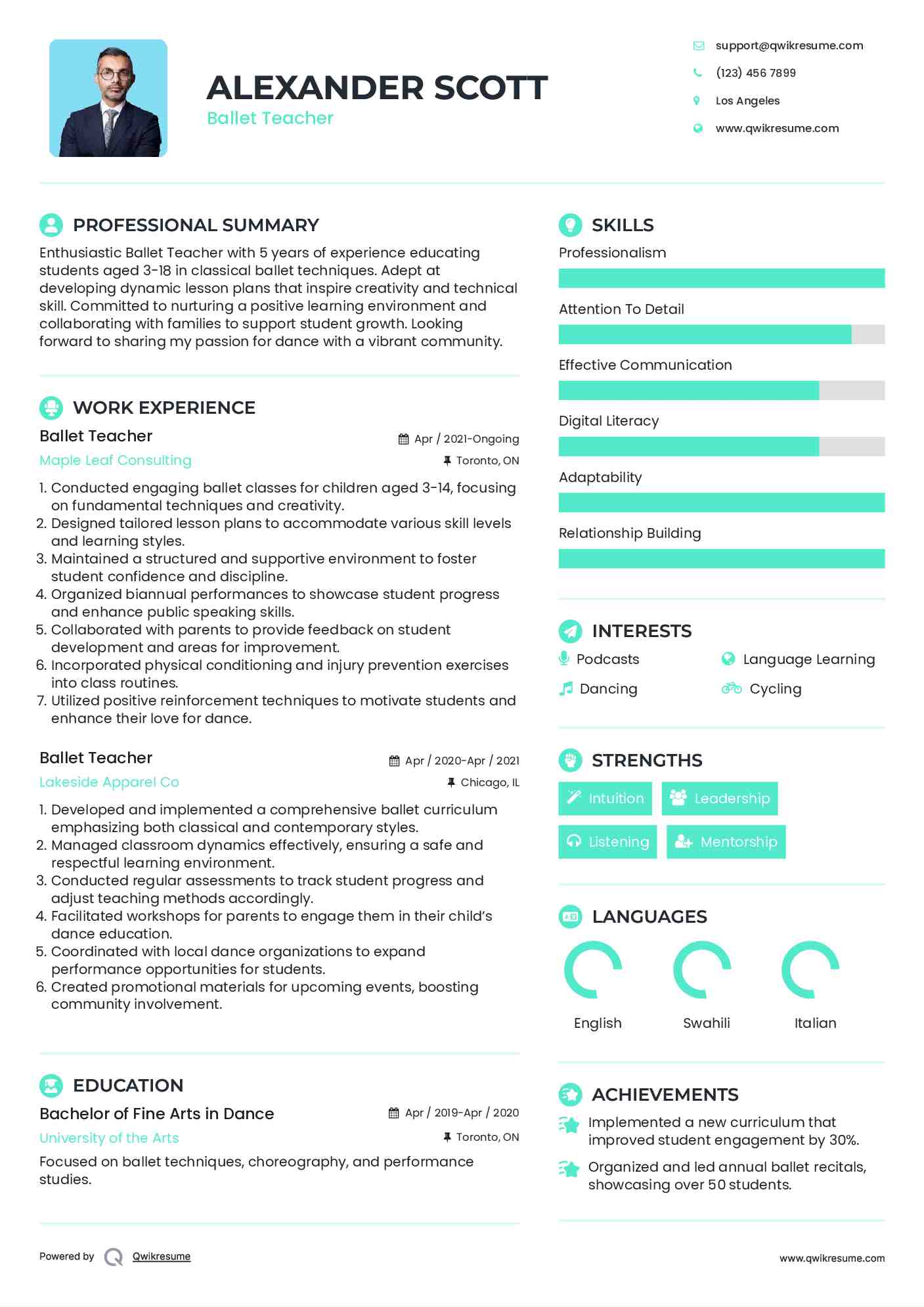 Ballet Teacher Resume Example