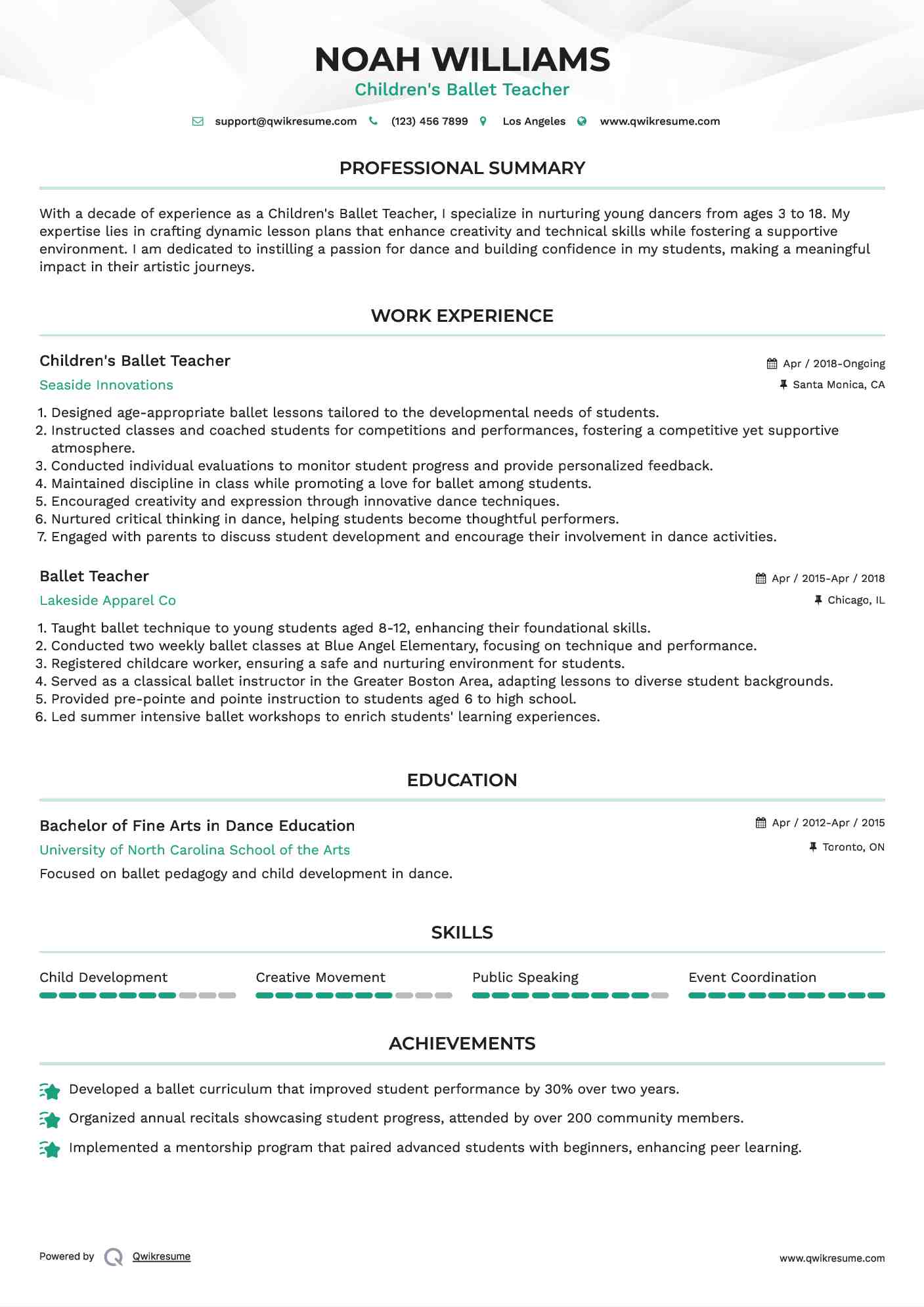 Children's Ballet Teacher
 Resume Model