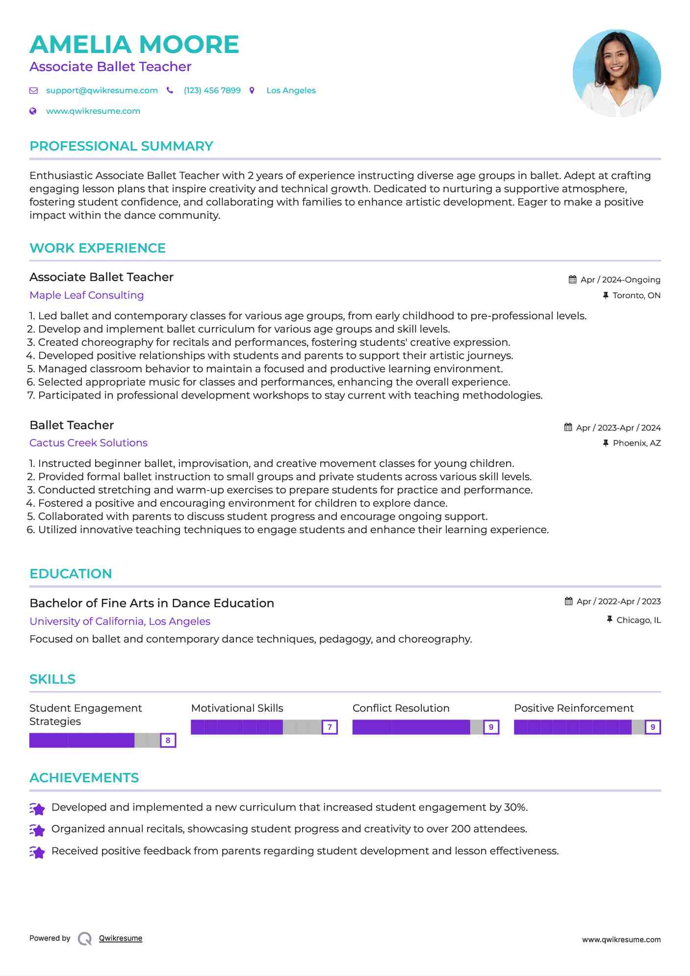 Associate Ballet Teacher  Resume Format