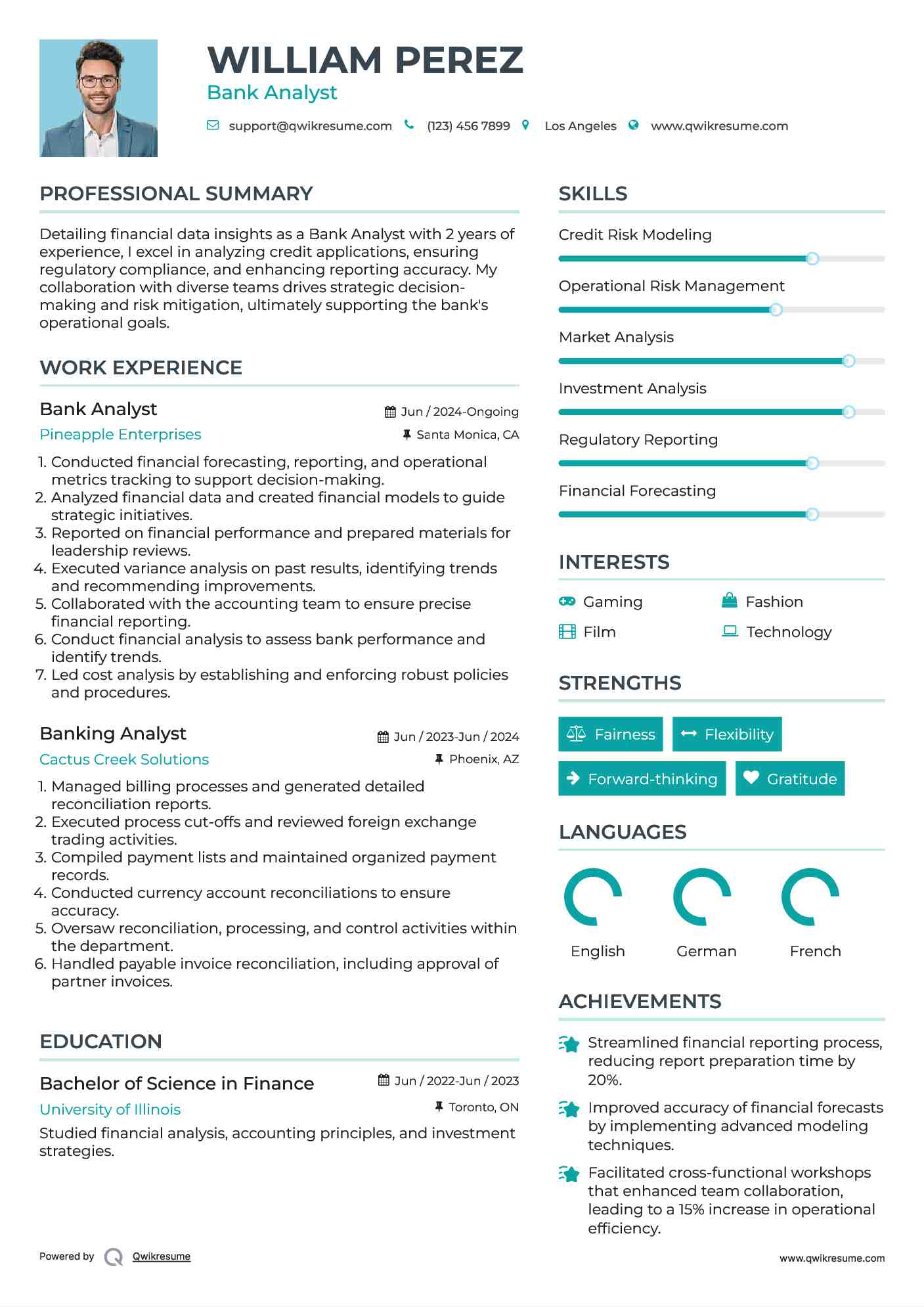 Bank Analyst Resume Sample