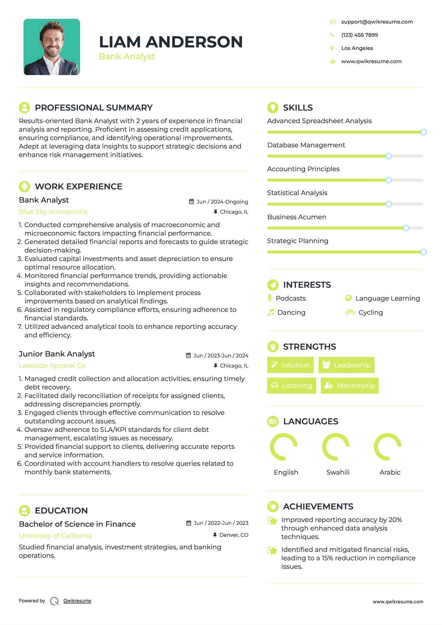 Bank Analyst Resume Example