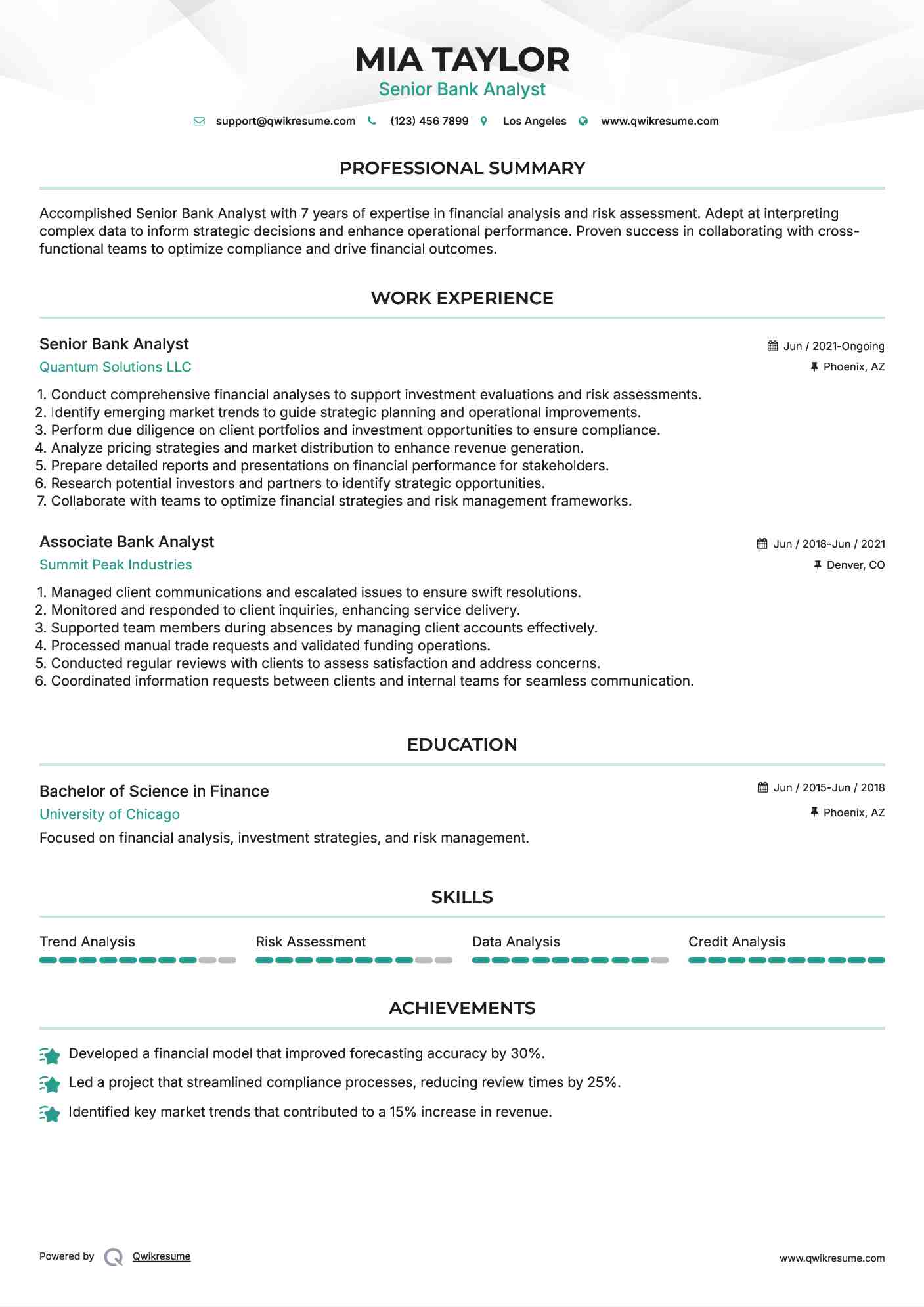 Senior Bank Analyst Resume Format