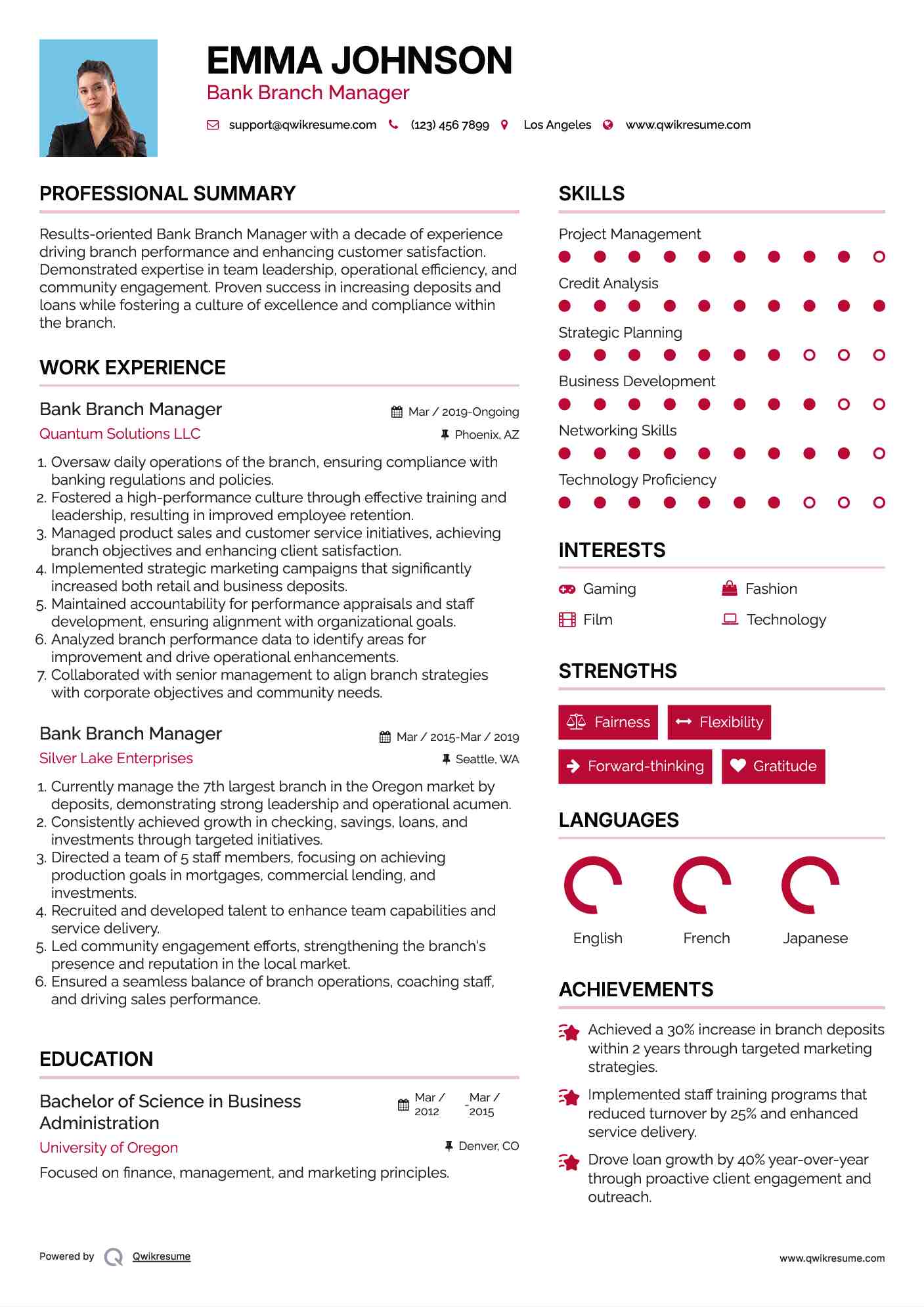 Bank Branch Manager Resume Sample