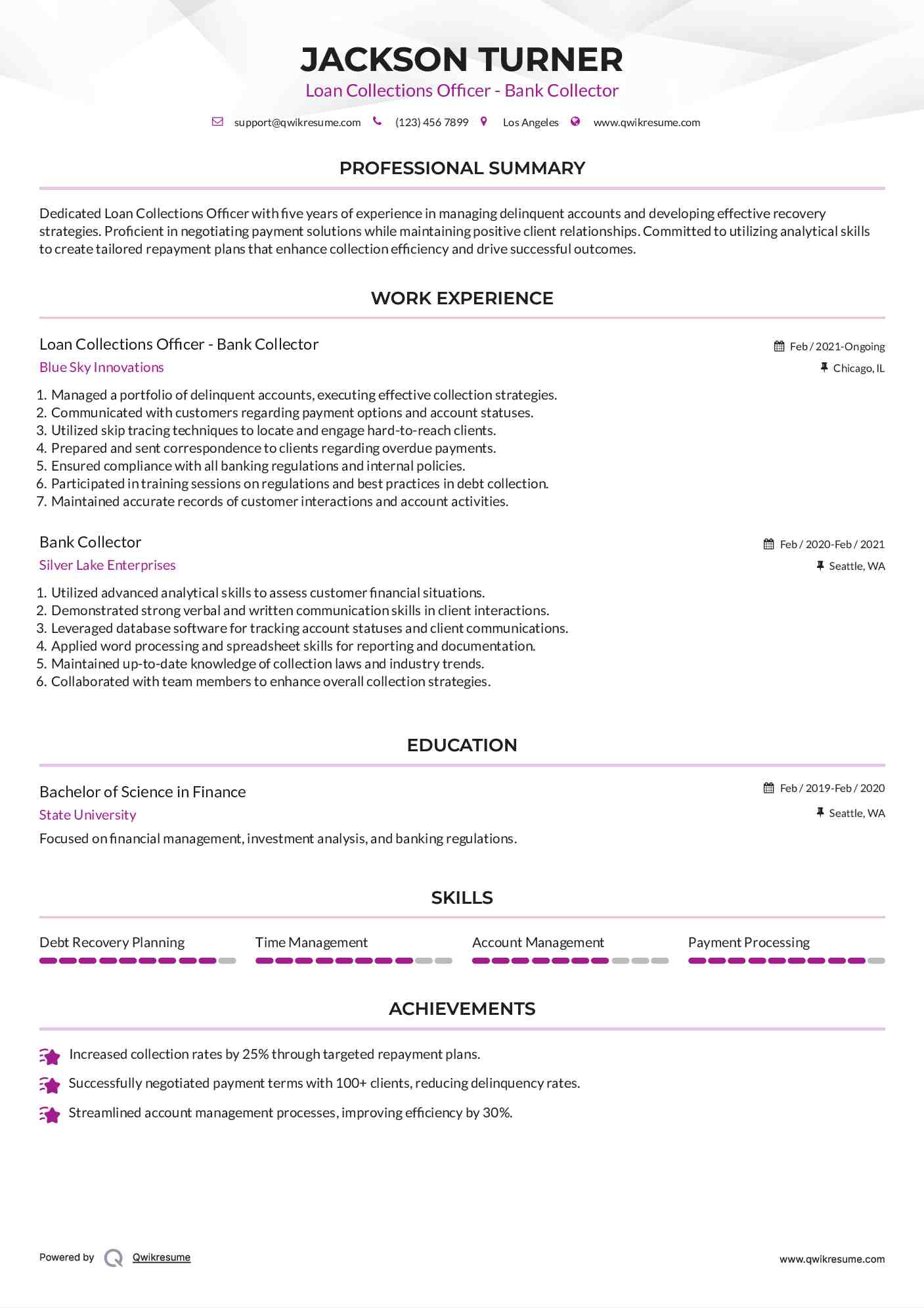 Loan Collections Officer - Bank Collector Resume Sample