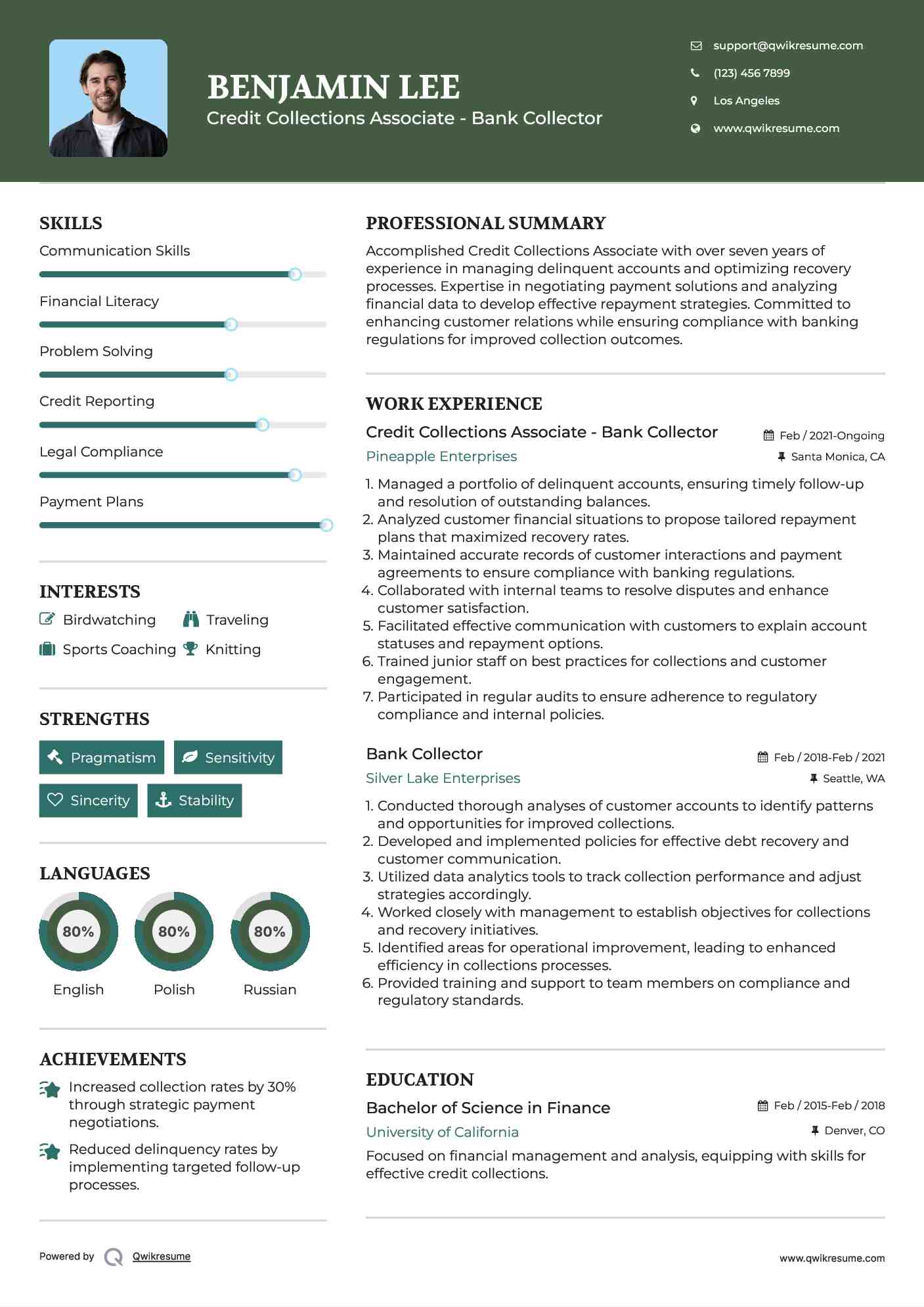 Credit Collections Associate - Bank Collector Resume Template