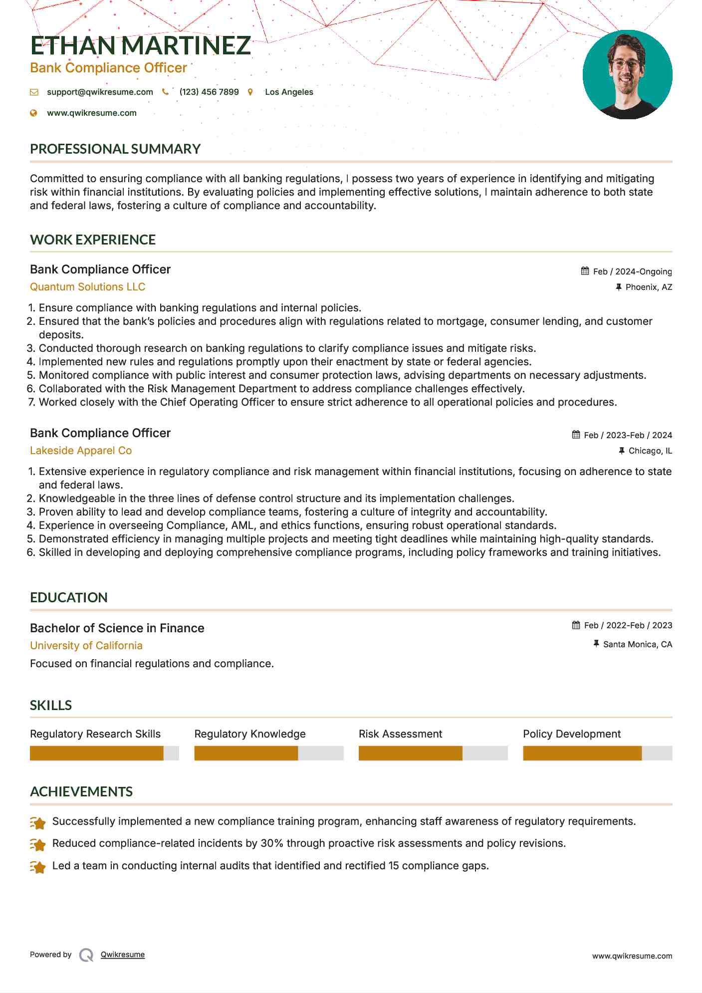 Bank Compliance Officer Resume Model