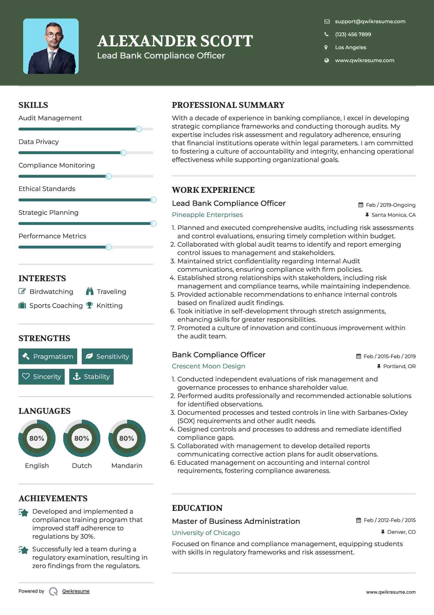 Lead Bank Compliance Officer  Resume Sample