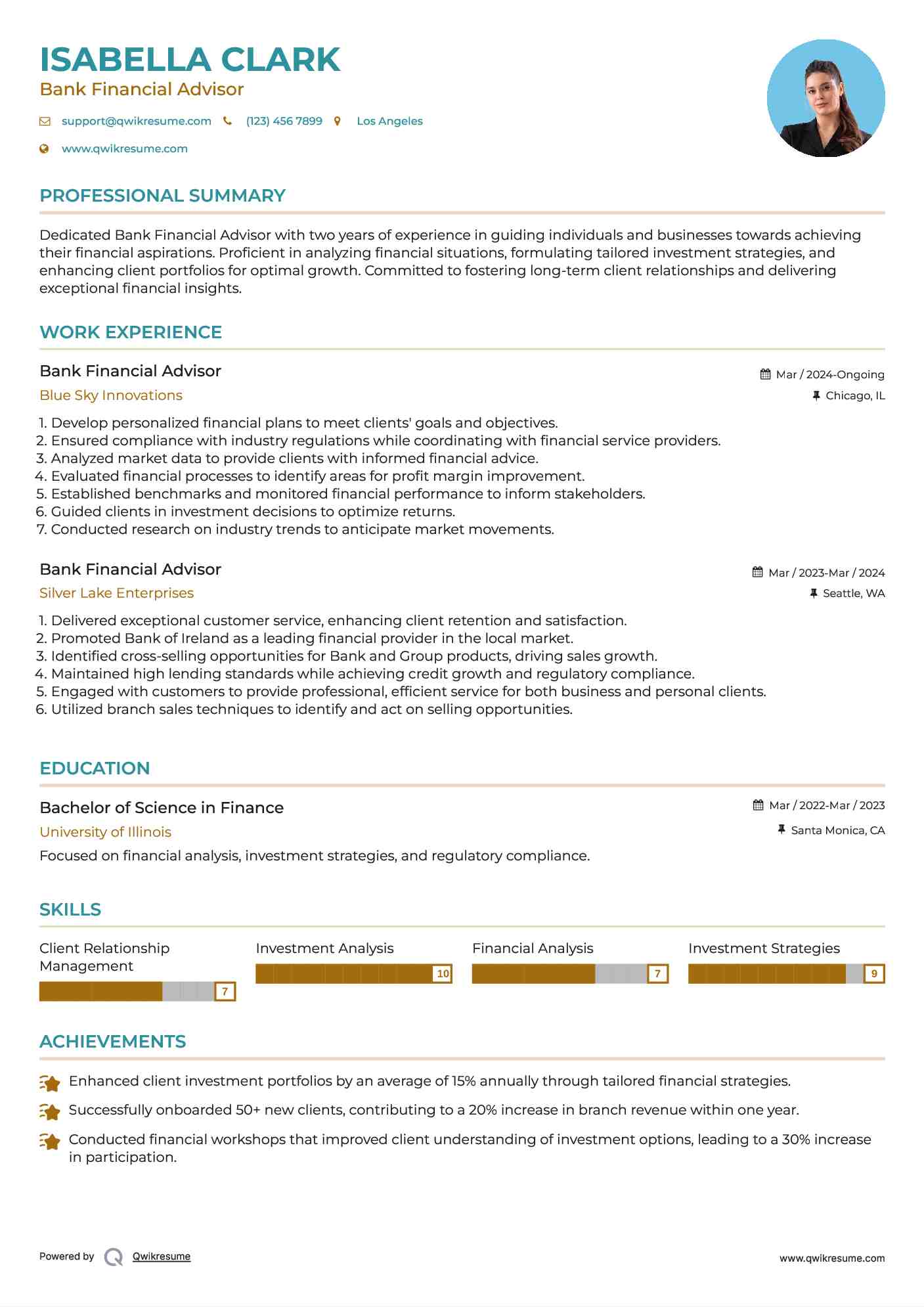 Bank Financial Advisor Resume Model